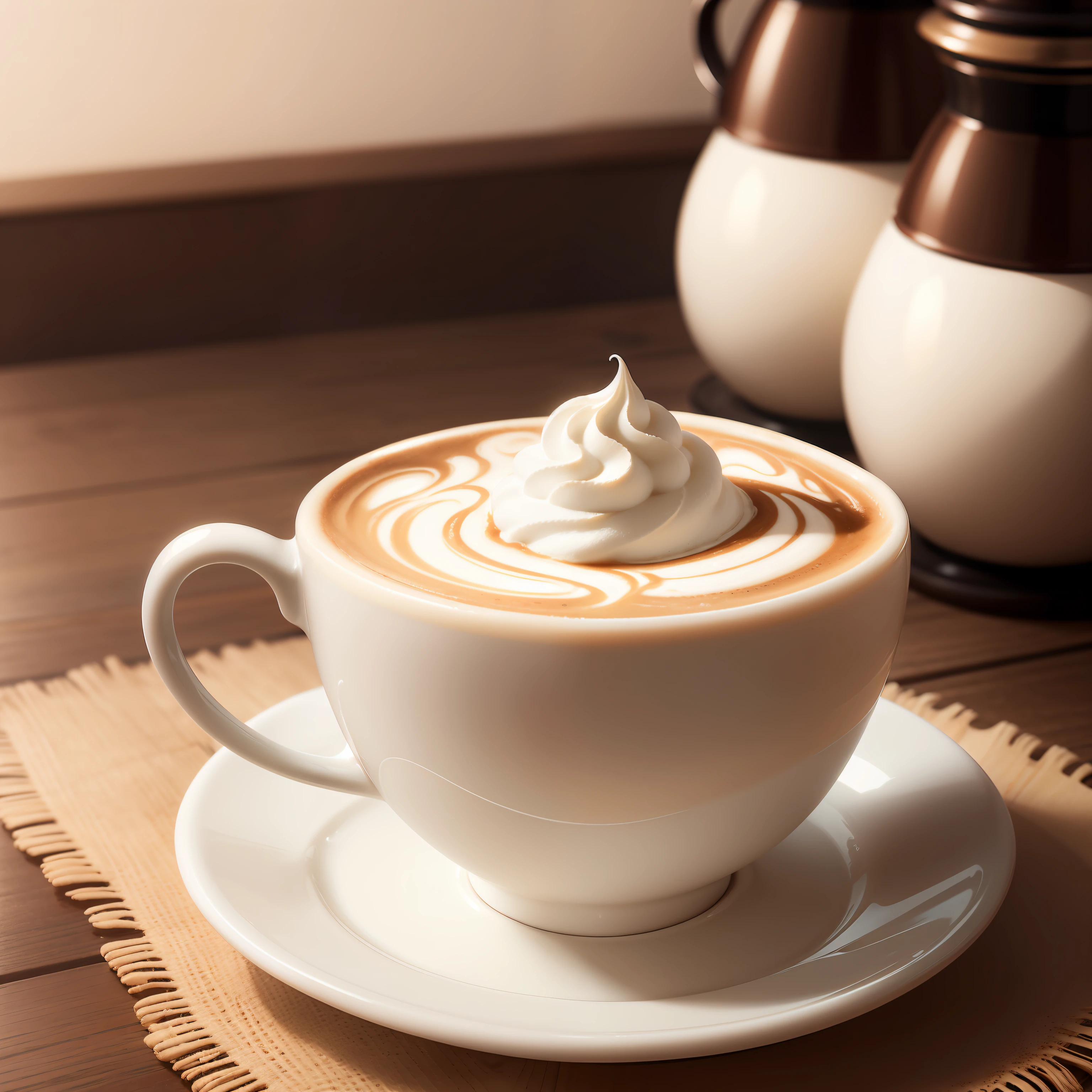 Generate images of delicious-looking cappuccino。Fruity latte art and fluffy milk foam、Warm café、Super Detail 8kCG、masterpiece、hightquality、top-quality、foodphoto、
