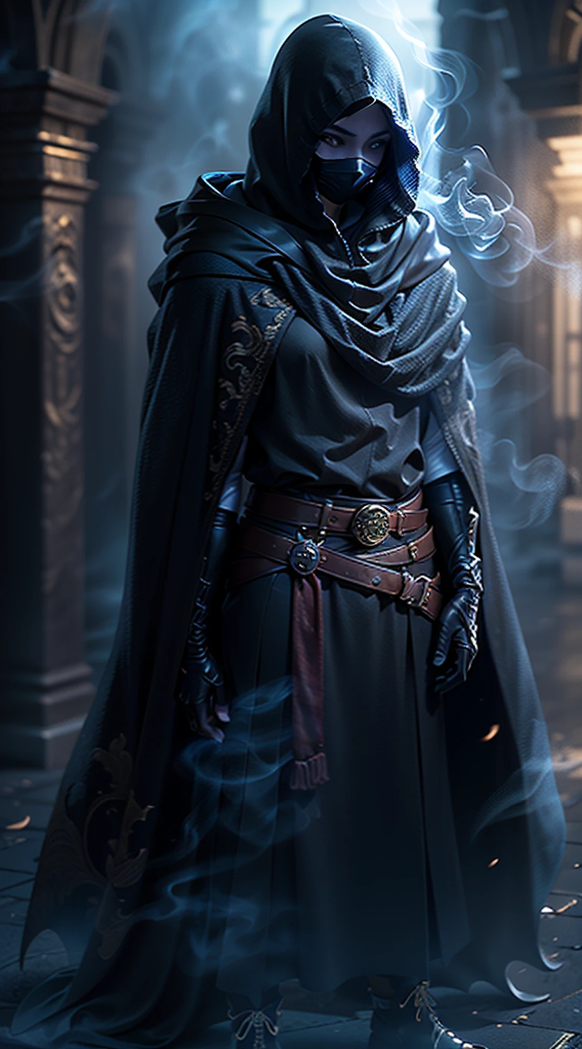 Blue smoke background, (Stand full body to take pictures:1.5), the golden ratio, [(Black fog black smoke composed of the body:1.5), (+perfect hand+:1.21), (Ancient European Assassins, Full body black hooded robe, masked, (((+++Black fog and body Interweave))))], (Extremely detailed Cg Unity 32K wallpaper:1.1), (tmasterpiece:1.37), (detailed:1.15), Dappled Light, (look at viewer), cinematic light, side lighting, 1girl, hdr, Perfect iris, ray tracing, UHD, (best quality:1.13)