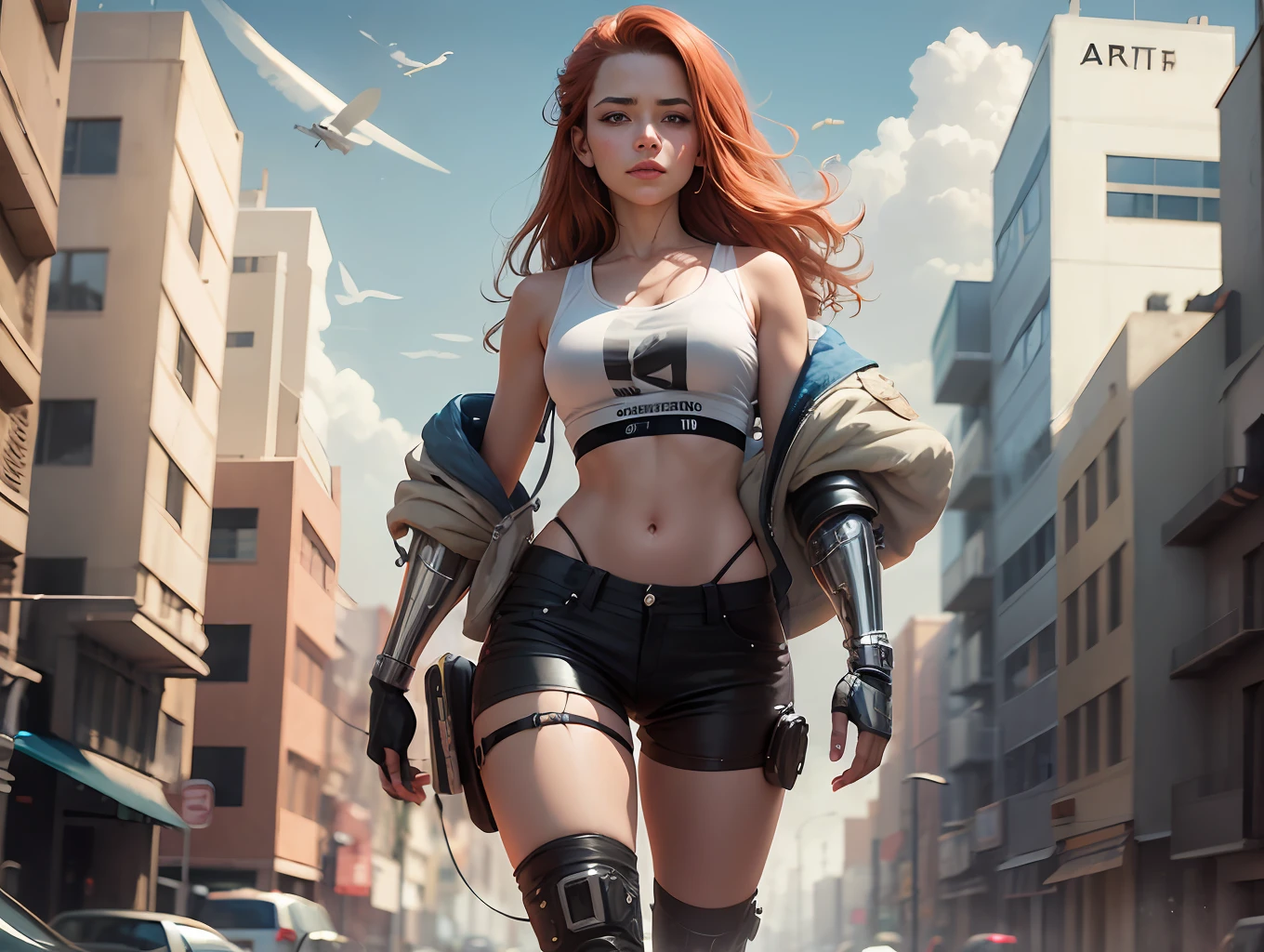 Beautiful redhead woman with a cybernetic arm walking in the war-torn city, wearing white tank top pants and boots, shiny metal Beautiful redhead woman's cybernetic arm, XF IQ4, 150MP, 50 millimeters, F1.4, ISO 200, 1/Anos 150, luz natural, Adobe Lightroom, photographic lab, Foto Affinity, PhotoDirector 365, trending on ArtStation, Premiado, arte por Chris Moore , Do Studio Ghibli --auto --s2