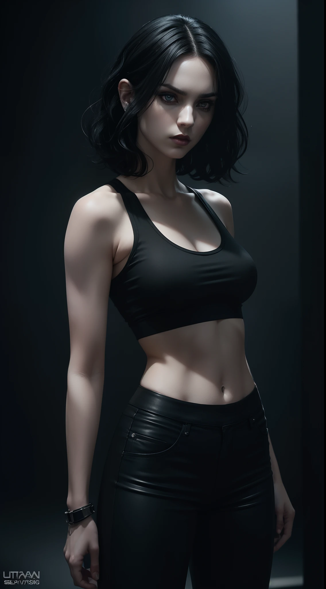 (Selene from Underworld wearing black tanktop and black pants), (bob wavy black hair), (pale skin), (serious face), (solid color background), dynamic angle shot, dynamic pose, ambient lighting, photo realism, intricate face detail, intricate hand details, highly detailed, vibrant colors, cinematic, high definition, trending on Artstation--style raw