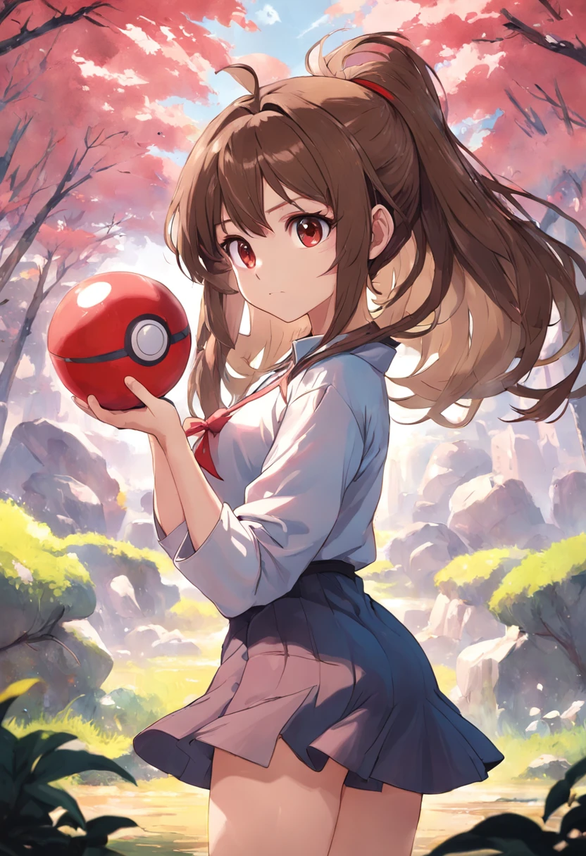 Female, Full body, (Detailed face: 1.2), Neat background, masutepiece, Fashion, Long hair, Brown hair, Brown eyes, Shirt, tussock, Holding a Poké Ball, Best Quality,