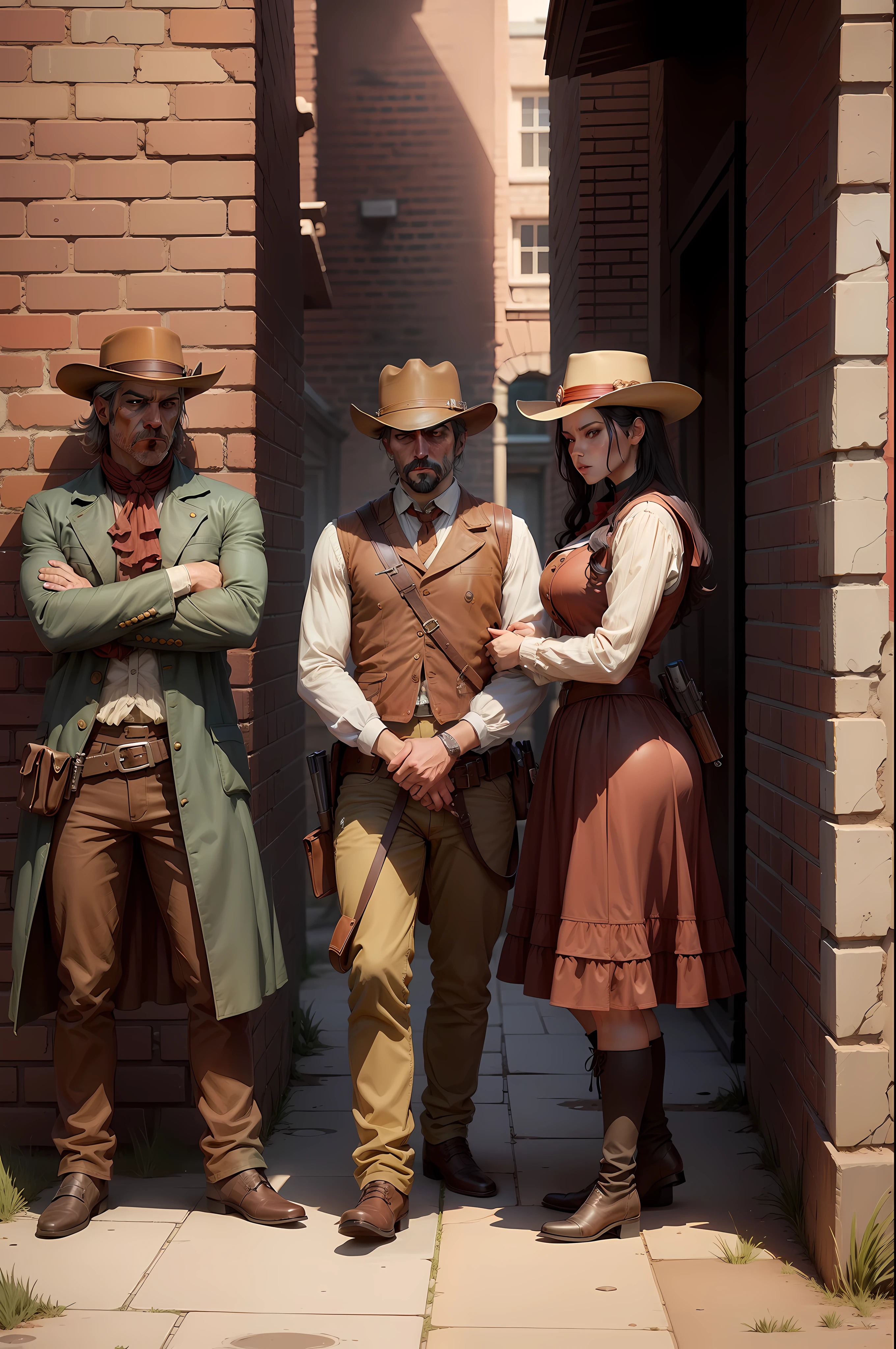 three people standing in front of a brick building with a gun, in red dead redemntion [ red dead ], rdr2, oldwest, trump peaking his head in, red dead redemption, old west, highly detailed anime characters, 2020 video game screenshot