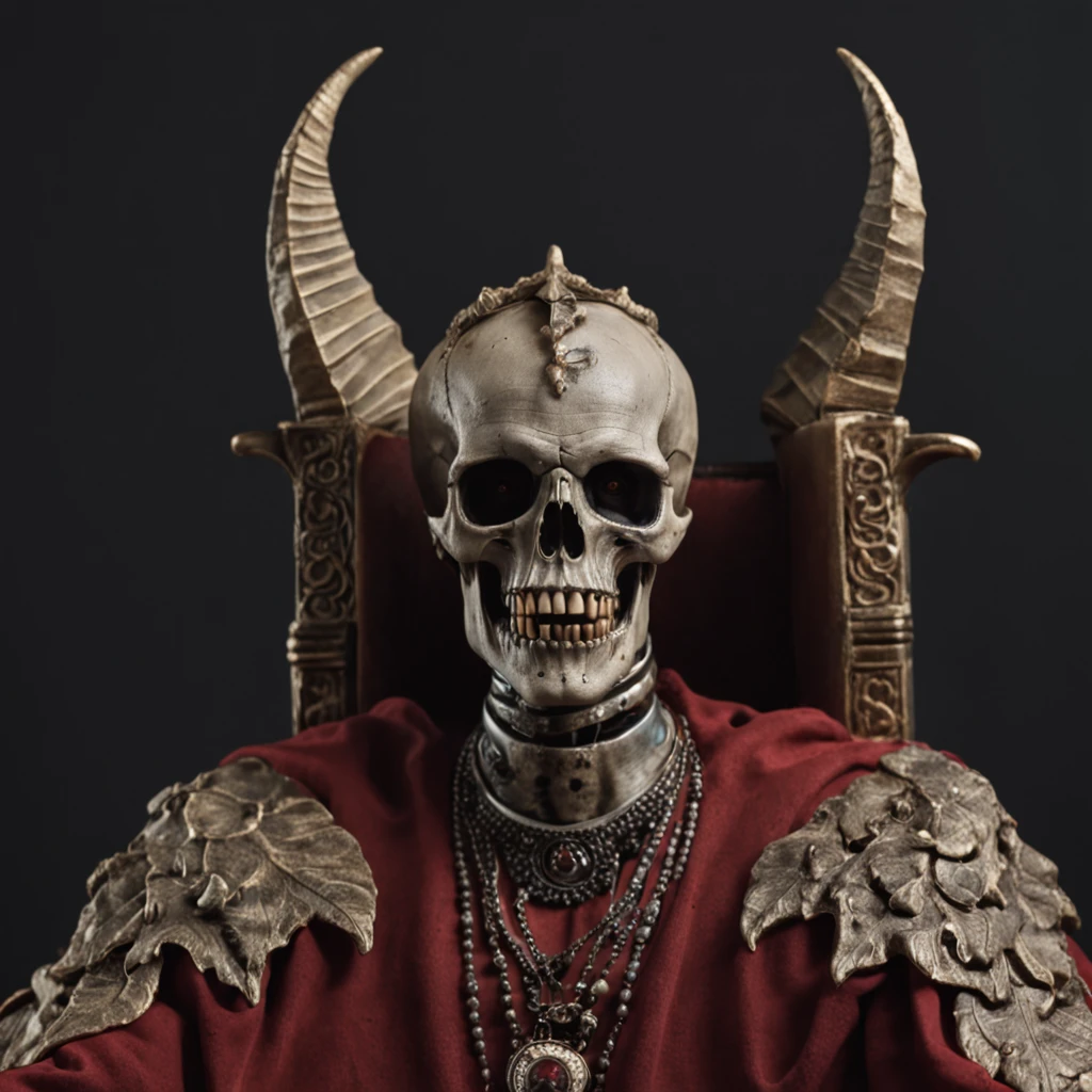 Make a demon with a male skull face in his hell sitting on his throne