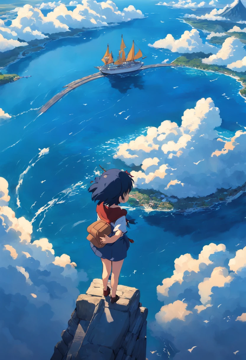 master part, birdview, best quality, filme ainda, 1Passeio de menina, gaivota, below is blue sea and island, Kikis Delivery Service, miyazaki's animated film, Anime Ghibli, Cloud floating in the sky, blue skies, Close-up, brilhante, Feliz, Soft lighting and Warm, nascer do sol, (Sparks:0.7), Ultra-Grande Angular, 8k, Super Detalhe, ccurate, best quality