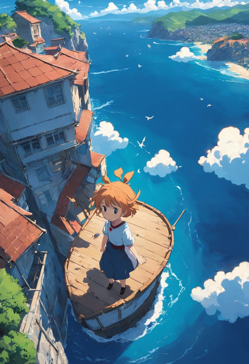 master part, birdview, best quality, filme ainda, 1Passeio de menina, gaivota, below is blue sea and island, Kikis Delivery Service, miyazaki's animated film, Anime Ghibli, Cloud floating in the sky, blue skies, Close-up, brilhante, Feliz, Soft lighting and Warm, nascer do sol, (Sparks:0.7), Ultra-Grande Angular, 8k, Super Detalhe, ccurate, best quality