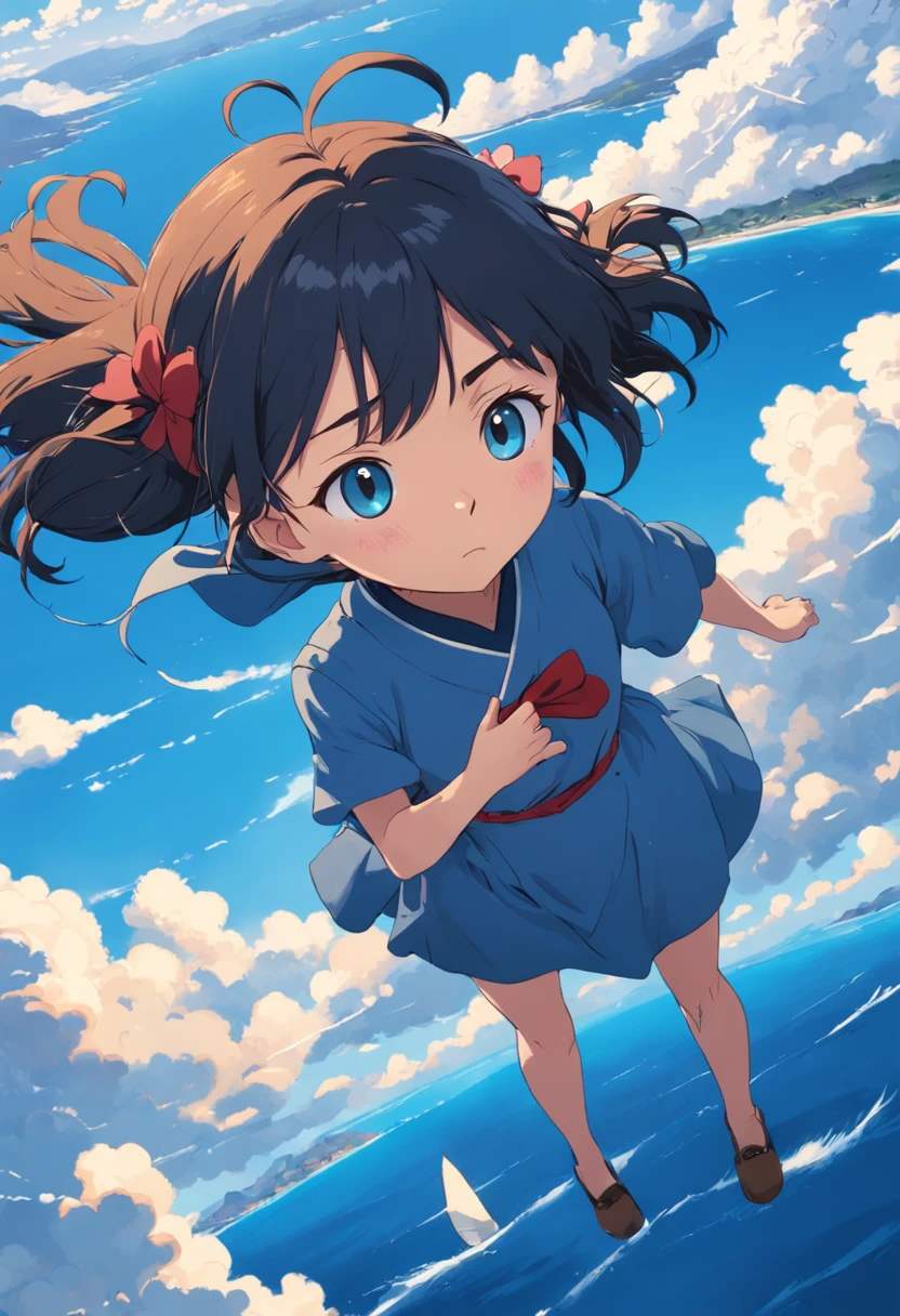 master part, birdview, best quality, filme ainda, 1Passeio de menina, gaivota, below is blue sea and island, Kikis Delivery Service, miyazaki's animated film, Anime Ghibli, Cloud floating in the sky, blue skies, Close-up, brilhante, Feliz, Soft lighting and Warm, nascer do sol, (Sparks:0.7), Ultra-Grande Angular, 8k, Super Detalhe, ccurate, best quality