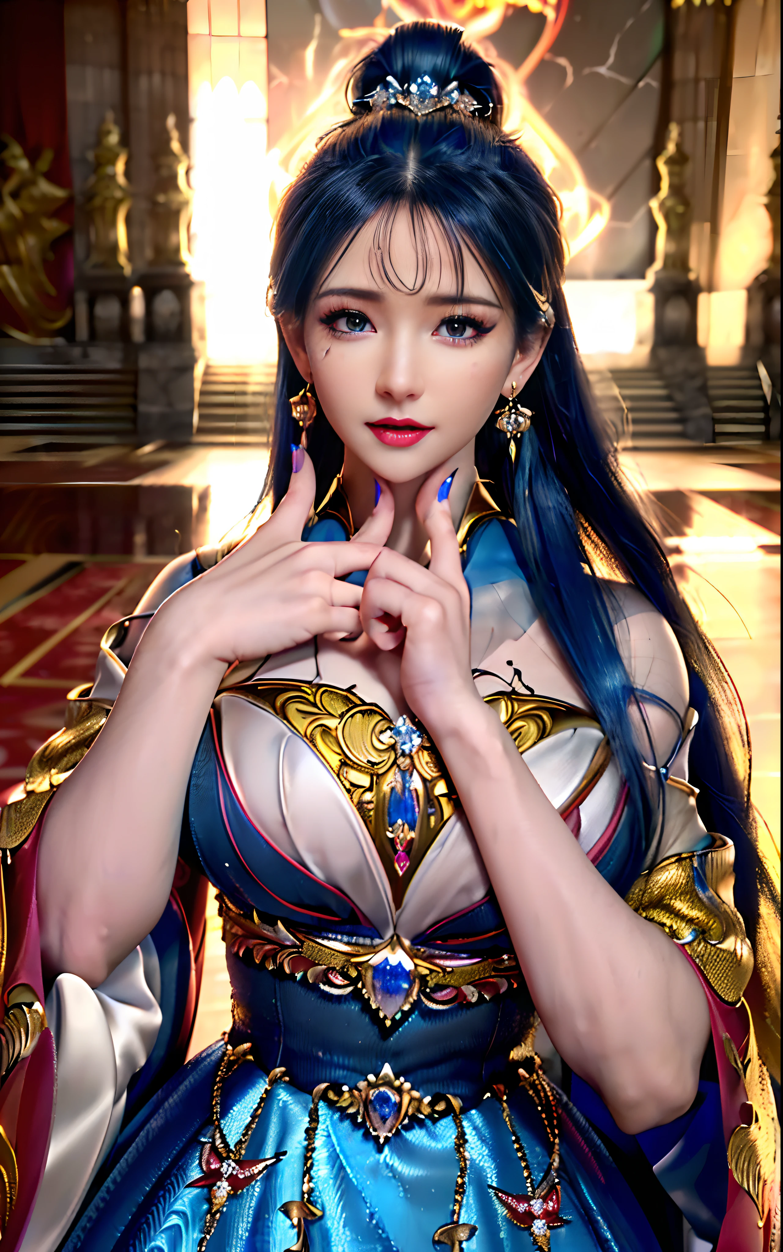 ((realisticity: 1.2)), ((realistic: 8K UHD)), ((best resolution: 8K UHD)), hyper detailed, best quality,masterpiece,highres,cg, ((1 girl hyper detailed and hyper realistic) ) , ((beautiful queen, hyper realistic and hyper detailed)),((white skin, beautiful, smooth, youthful, hyper realistic and hyper detailed )), ((Face hyper beautiful, white, hyper realistic and hyper detailed ) ), long hair, ((hyper realistic and hyper detailed dress)), solo, ((hyper realistic, hyper beautiful, beautiful and hyper detailed jewelry)), ((hyper beautiful deep red and golden yellow dress, hyper realistic and hyper detailed )) , ((Her pretty, hyper realistic, hyper detailed diamond filled earrings)), ((Her gorgeous diamond haircut, hyper realistic and hyper detailed)), ((hyper pretty upper body, hyper beautiful, hyper realistic and hyper detailed) ), ((medium breast: 1.1)), ((hyper realistic, hyper pretty, hyper detailed boobs)), ((the backgroun of the royal palace is hyper majestic, hyper realistic and hyper detailed)),((hands and palms hyper beautiful, hyper detailed, hyper realistic)), ((hyper detailed and hyper realistic fingers and fingernails)), ((hyper pretty fingernails, hyper vivid, hyper detailed, hyper realistic)), ((thumb, index finger, middle finger, ring finger, little finger hyper vivid, hyper pretty, hyper detailed, hyper realistic)),  
((hyper beautiful fingers, hyper detailed, and hyper realistic)), ((posture not too fat and not too thin, hyper realistic, hyper detail)), ((hyper pretty, hyper pretty, hyper realistic and hyper detailed hair bun)), ((hyper pretty , hyper realistic and hyper detailed blue hair)), candid, Photo, high resolution, 8k , bokeh,