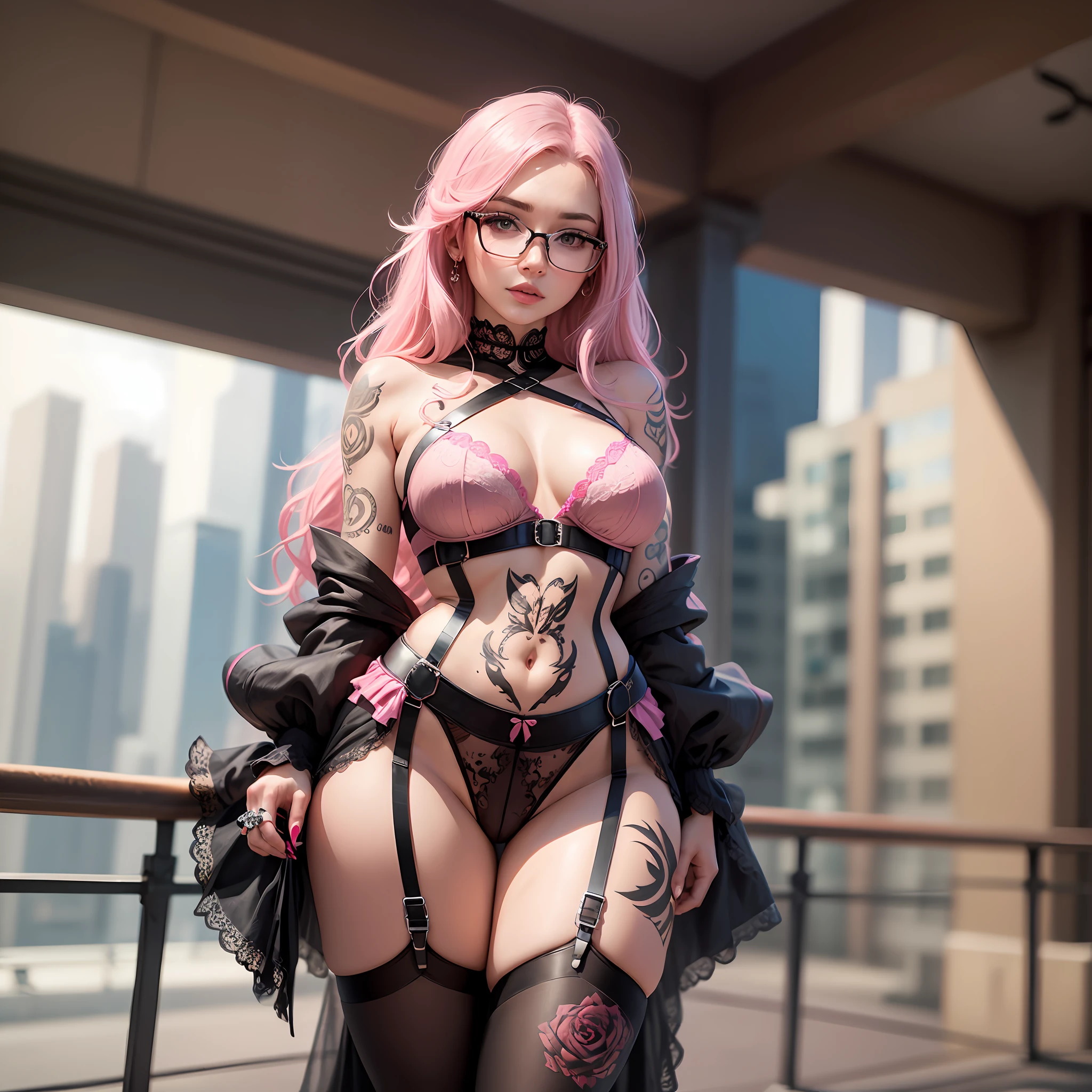 arafed woman in a pink lingerie and black skirt posing on a bridge, sexy girl, pink body harness, sexy look, instagram model, sexy outfit, wearing thick reading glasses, very sexy outfit, pink body, looks realistic, cutecore, gorgeous lady, lacey, pink girl, bella ragazza, tattooed, inspired by Hedi Xandt, gorgeous woman, inked --auto --s2