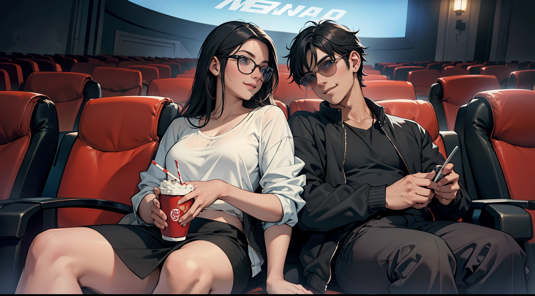 uma imagem de um casal, uma garota de cabelos loiros, bonita, friendly and smiling, vestindo uma casaco, sitting next to a nice guy with black hair wearing a jacket with sunglasses, ambos comendo pipocas, in a movie theater watching a movie playing, sozinhos, sem outras pessoas na sala, Classic theatre style cinema with many armchairs side by side, imagem detalhada, 8K, rostos detalhados