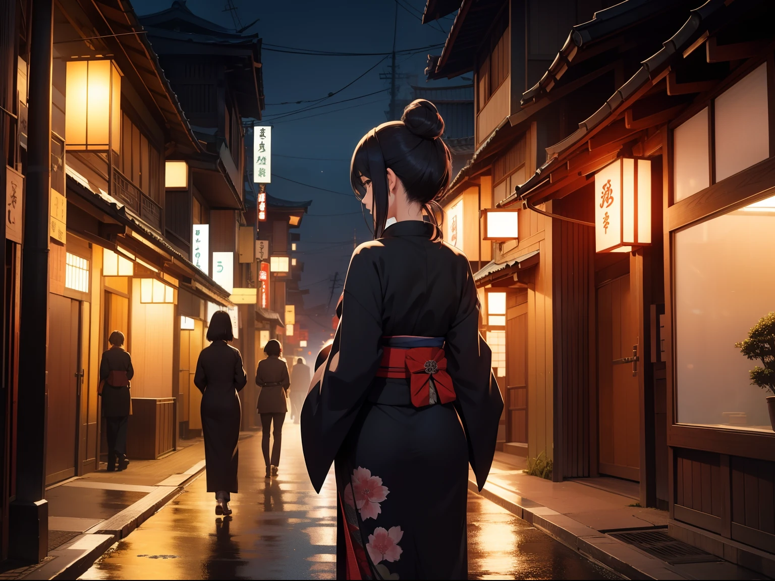 Old Japan cityscape、natta、Female back view、silhuette