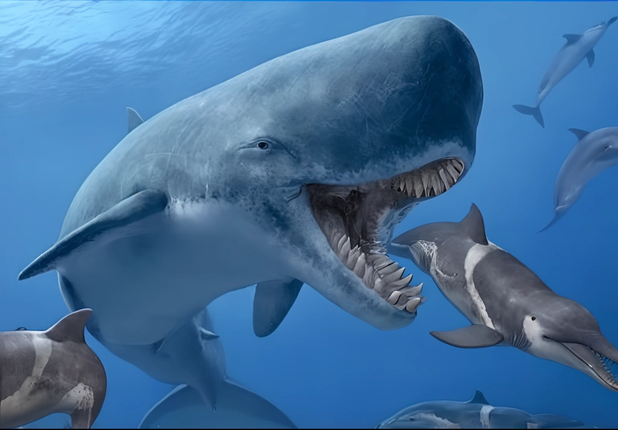 There are many different types of dolphins swimming in the sea, Sea Giant Creature Bloop, Whale Monster, Megalodon, Plesiosaurus, Subreddit / r / cetus, The Great Leviathan, Underwater Leviathan, blue whale, Realistic antique art, Underwater sea monster, Paleozoic Atlantis, Antiquity, cetus, Large mouth with teeth