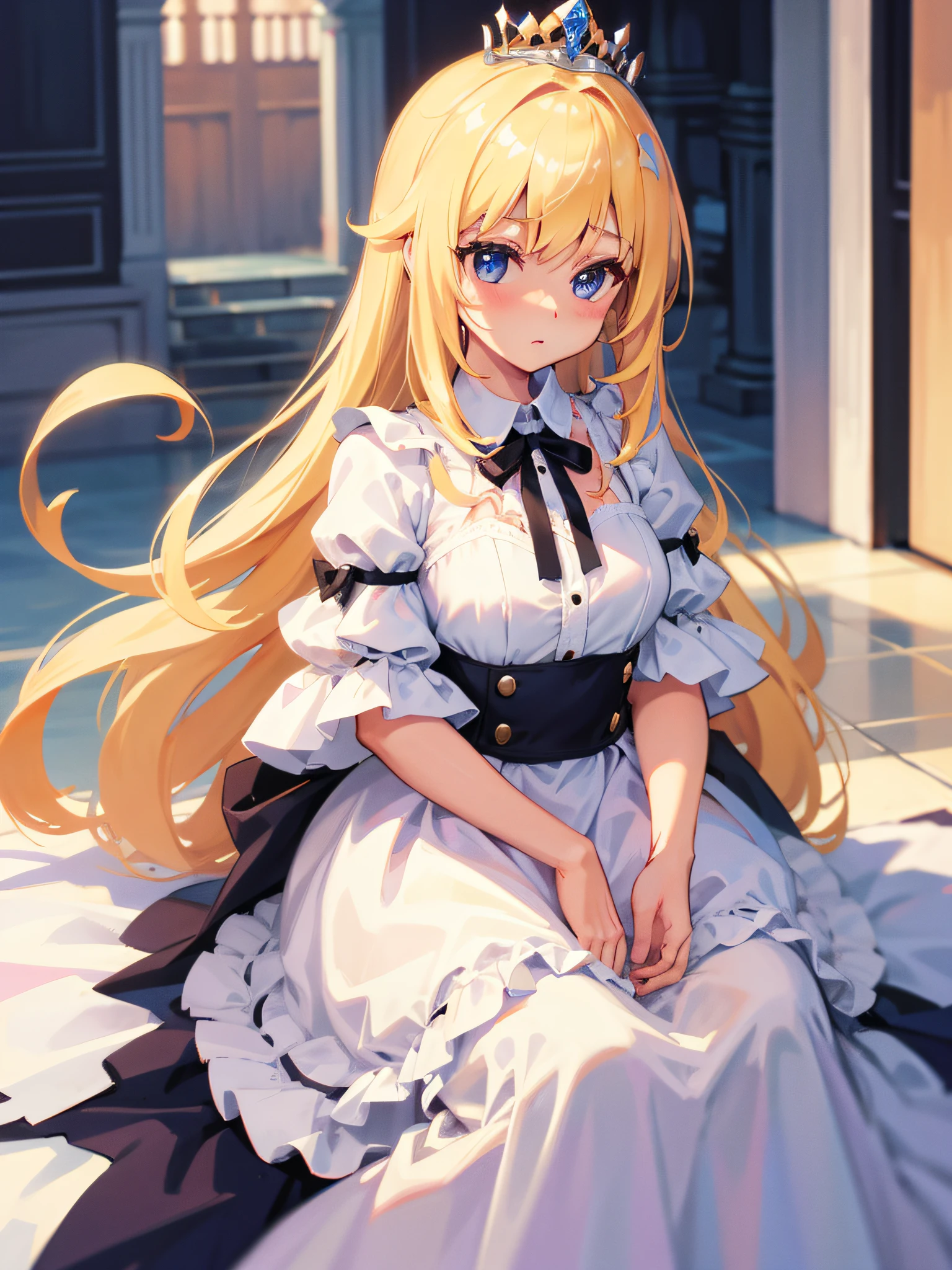 a little girl is sitting on the surface, 1girl, solo, blonde hair, blue eyes, sitting, long hair, dress, looking at viewer, smile, white dress,