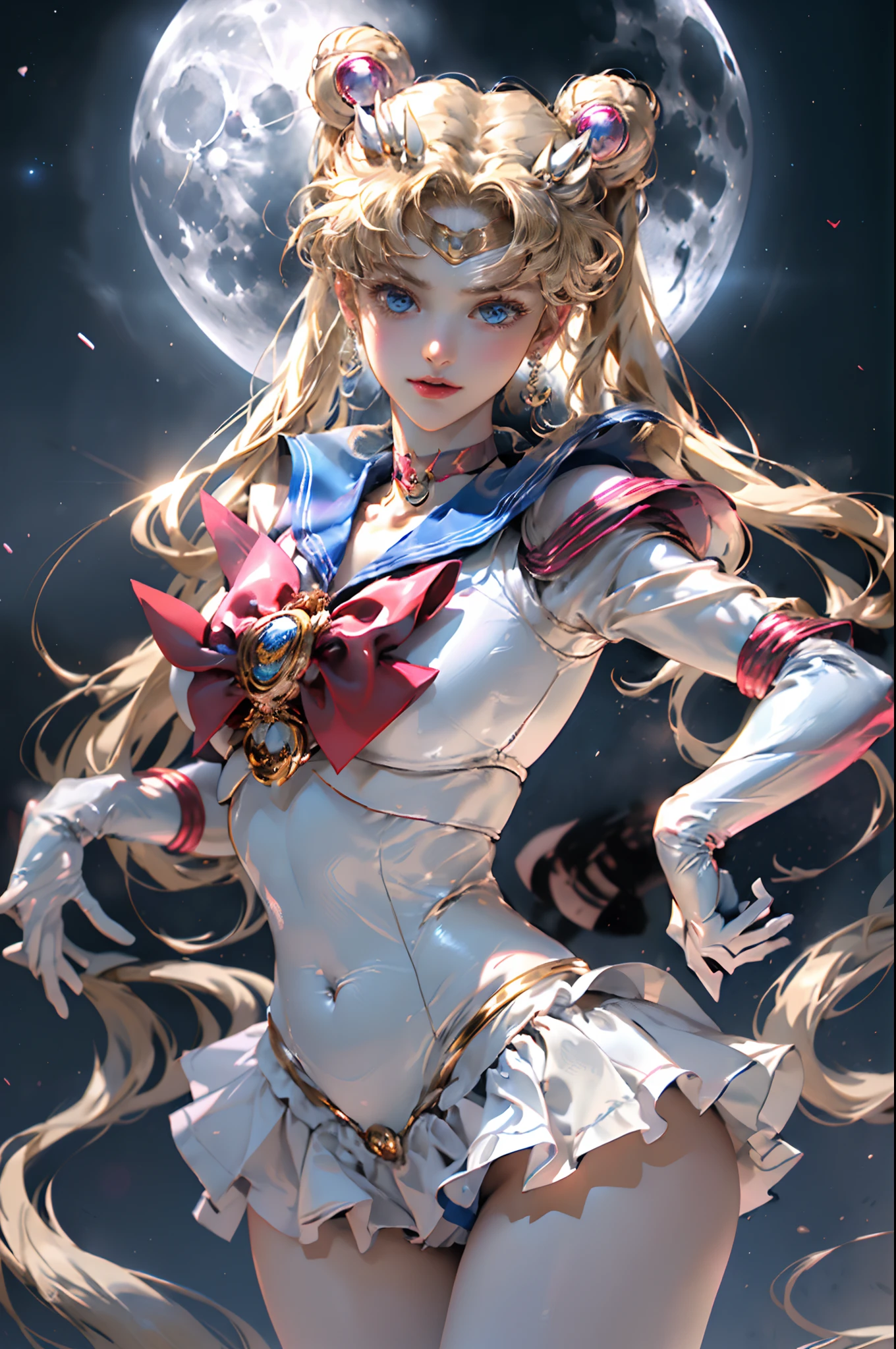masterpiece、ful:1.3、stands、8K、3D、realisitic、Ultra Micro Photography、top-quality、Wallpapers with extreme details CG Unity 8K、frombelow、intricate detailes、(1 female)、28 year old、(Sailor Moon:1.6 Super Bishoujo Senshi Sailor Moon Mer1、meishaonv,tiarra、Sailor Senshi Uniform Sailor:1.5、sailormoon:1.5,Eternal Sailor Moon)、(Incredibly long bright twin-tailed blonde:1.4、Thin and very long straight twin tail blonde, Hair buns、Red round hair ornament in a hair bun)、((Sailor Senshi Uniform:1.4、Blue collar,Blue sailor color,Blue Pregate Ultra Mini Skirt:1.5、very large red bow on the chest,,Long white latex gloves,Red gloves on the elbows、Bare upper arms,Luxurious golden tiara on forehead、耳Nipple Ring,Luxurious Golden Jewelry、high leg swimsuit))、Very thin and fit high gloss white holographic leather、High Gloss White Latex High Leg Swimsuit That Shines Like Oil,(Details of face:1.5、Blue eyes、Beautiful expression、beautidful eyes、Outline of the iris, Eyes with highlights、thin lipss:1.5、thin and sharp pale eyebrows,、long eyeslashes、Double eyelashes、Thin, thin and muscular,,,、a small face、tall and large chest、perfectly proportions、big breasts thin waist、SEXY Model Pose、Dynamic Poses,Visible Pore、seducting smile、perfect hand:1.5、octan render、highly dramatic picture、(Lunar divinity,cosmic background、rays of moonlight、a moon、Dynamic backgrounds、exquisite lighting and shadow、dynamic ungle、细致背景),Strong natural light、sunlights、Digital SLR、foco nítido: 1.0、Maximum clarity and sharpness、mecha musume,(aausagi, double bun, twintails, parted bangs, circlet, jewelry, earrings, choker, red bow, white gloves, elbow gloves, blue skirt
)