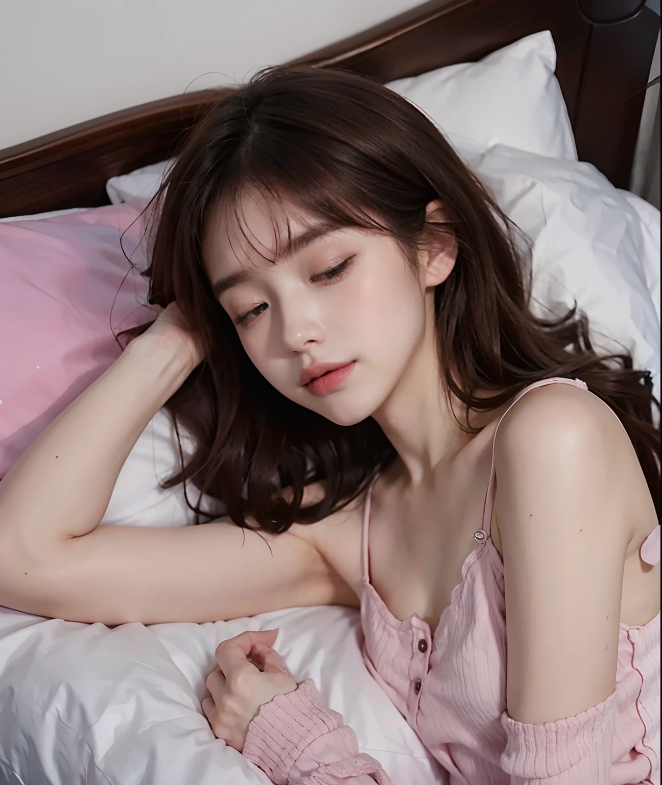 masutepiece, Best Quality, Photorealistic,
(1girl in), Petite, (flat chest), Beautiful Girl, Cute Girl, Porcelain Skin, pale skin, Stunning innocent face, emotional, ulzzangs, PILLOWS,
(Pink pajamas),
(sleepeace), laying on back, on the beds, From above,
Photorealistic,Long,straight haired