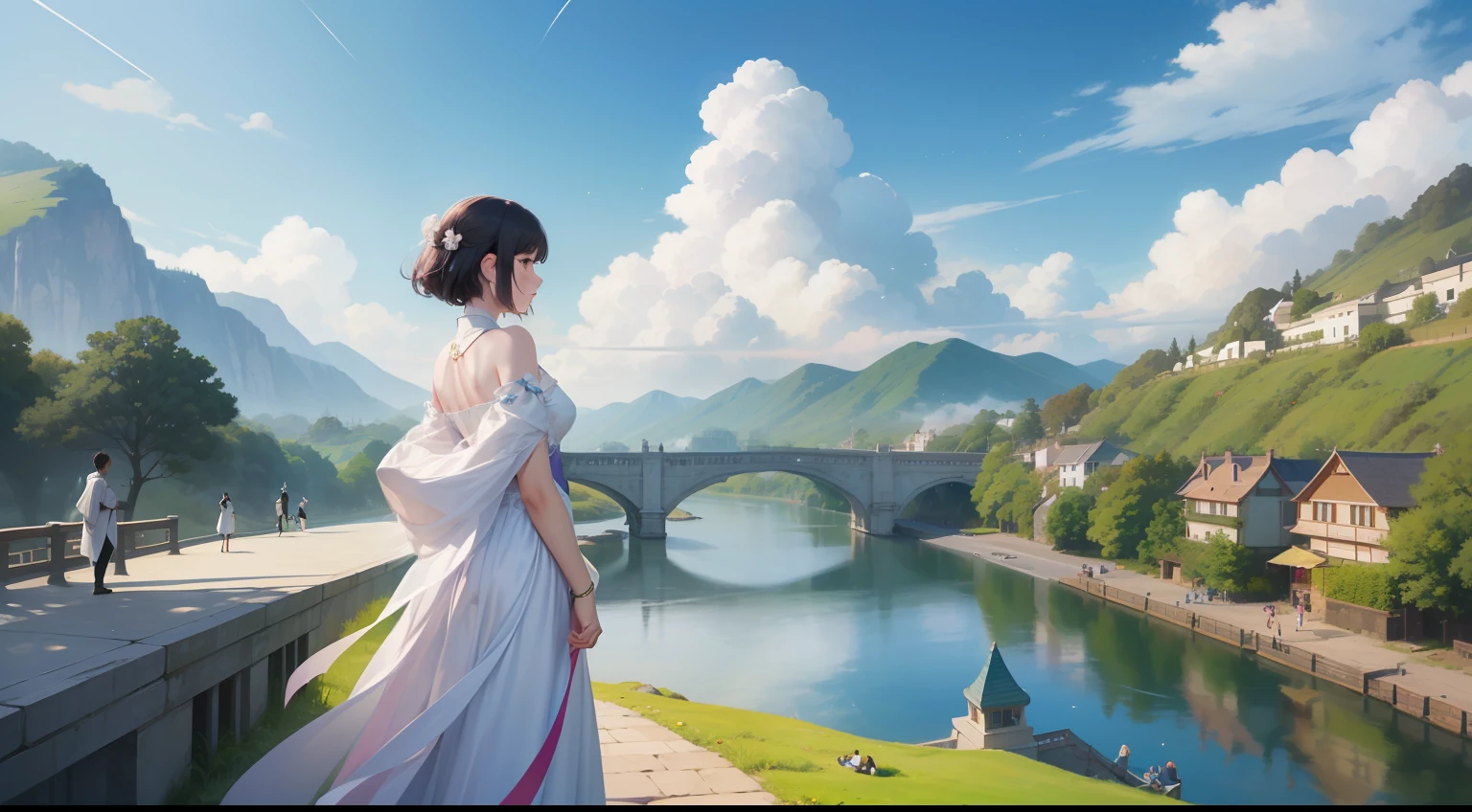 On a sunny day in Tanabata, Clouds fluttering,On the Magpie Bridge,Look up at the sky back to back,Character backs,short detailed hair,period costume,starry sky bright,Quiet by the river,It was as if there were only two people left in the entire universe。small person,Men and women back to back,There are big scene posters,A man and a woman stood back to back on the bridge, Poster illustration, A beautiful artwork illustration, poster for, vibrant tourism poster, lie on white clouds fairyland, Chinese fantasy, Poster design, illustrated poster,Very dreamy,Horizontal version,Character backs,Chinese colors