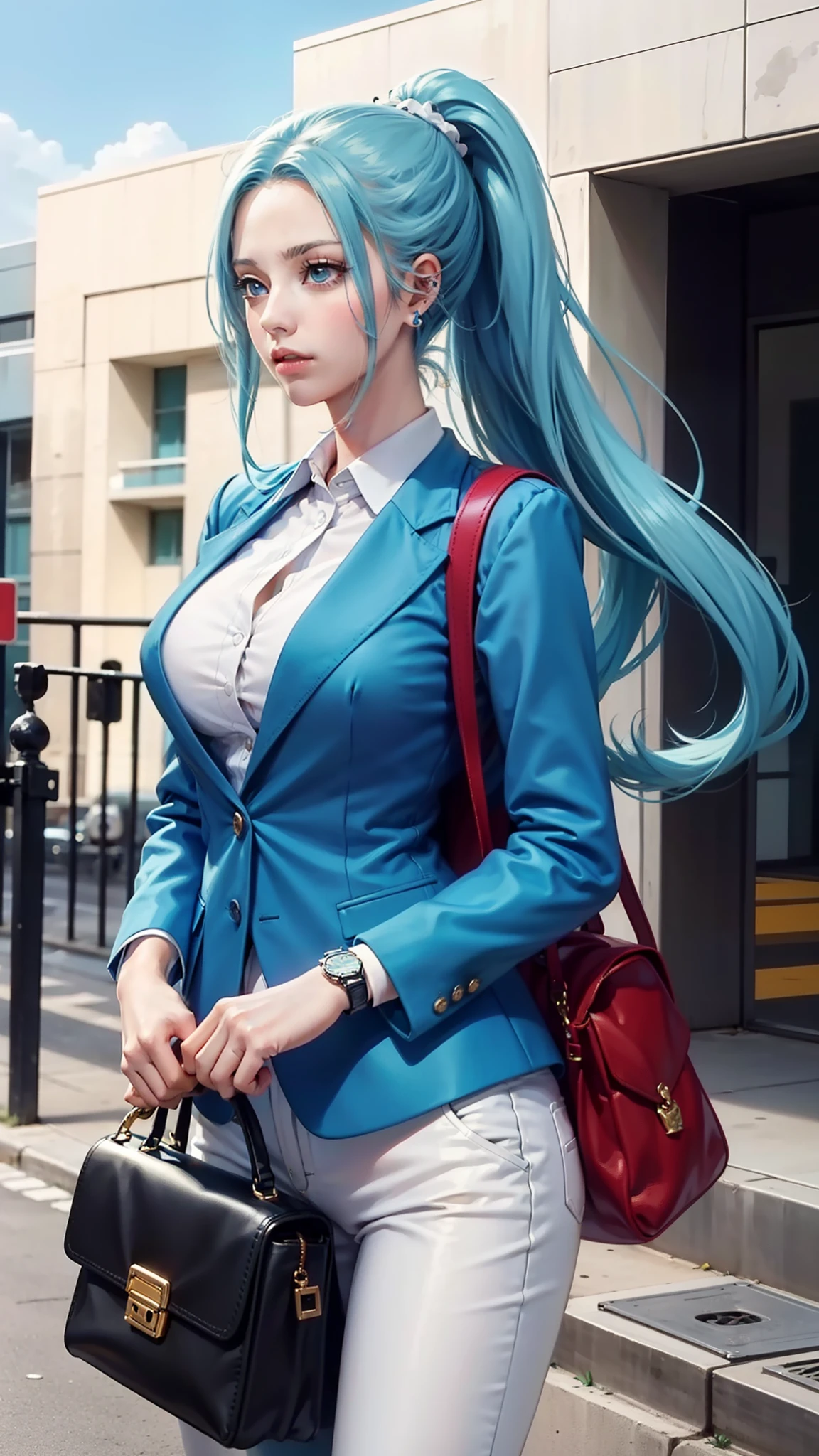 vivi from anime one piece, long hair, light blue hair, ponytail hair, perfect body, perfect breasts, beautiful woman, very beautiful, wearing blue formal shirt, neat clothes, formal attire, wearing blue blazer, white pants, wearing handbag , wearing watch, wearing earrings, being in town, roadside, public place, Realism, masterpiece, textured skin, super detailed, high detailed, high quality, best quality, 1080P, HD, 16k