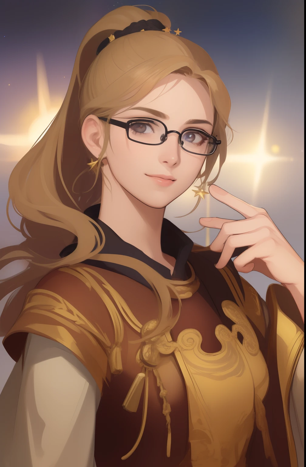photorealistic, (hyperrealistic:1.2),
space_style, starry, strry light, night, colorful, cloud, star \(sky\), sun,
1woman, intricate details, light smile,
ancient roman,
open robe, 1girl, beautiful detailed glasses, ultra-detailed, beautiful detailed face, ultra-detailed, facial hair, long hair with side ponytail, ultra-detailed hair, simple background, lowres, bad anatomy, bad hands, text, error, missing fingers, extra digit, fewer digits, cropped, worst quality, low quality, normal quality