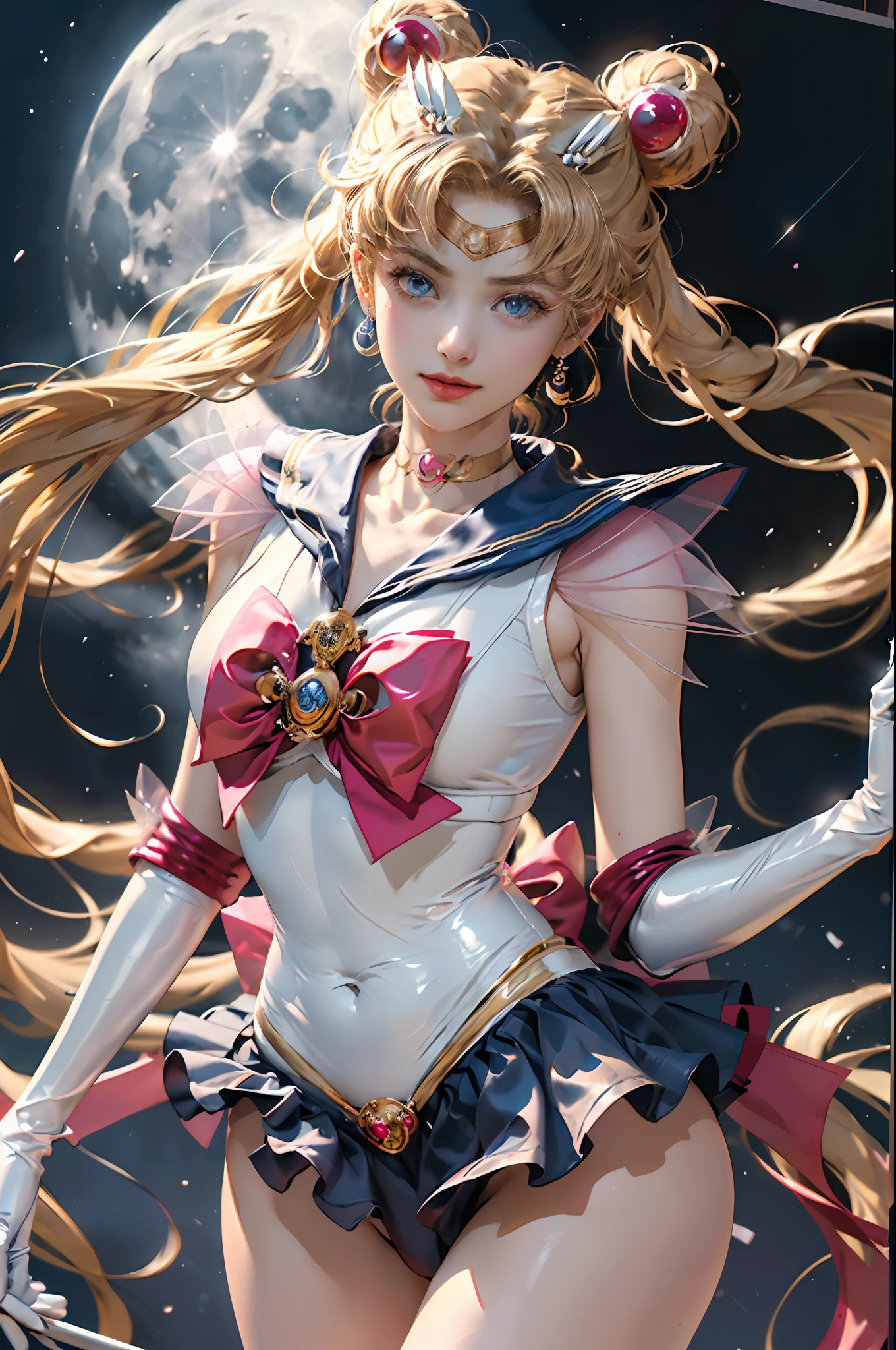 ​masterpiece、ful:1.3、stands、8K、3D、realisitic、Ultra Micro Photography、top-quality、Wallpapers with extreme details CG Unity 8K、frombelow、intricate detailes、(1 female)、28 year old、(Sailor Moon:1.6 Super Bishoujo Senshi Sailor Moon Mer1、meishaonv,tiarra、Sailor Senshi Uniform Sailor:1.5、sailormoon:1.5,Eternal Sailor Moon)、(Incredibly long bright twin-tailed blonde:1.4、Thin and very long straight twin tail blonde, Hair buns、Red round hair ornament in a hair bun)、((Sailor Senshi Uniform:1.4、Blue collar,Blue sailor color,Blue Pregate Ultra Mini Skirt:1.5、very large red bow on the chest,,Long white latex gloves,Red gloves on the elbows、Bare upper arms,Luxurious golden tiara on forehead、耳Nipple Ring,Luxurious Golden Jewelry、high leg swimsuit))、Very thin and fit high gloss white holographic leather、High Gloss White Latex High Leg Swimsuit That Shines Like Oil,(Details of face:1.5、Blue eyes、Beautiful expression、beautidful eyes、Outline of the iris, Eyes with highlights、thin lipss:1.5、thin and sharp pale eyebrows,、long eyeslashes、Double eyelashes、Thin, thin and muscular,,,、a small face、tall and large chest、perfectly proportions、big breasts thin waist、SEXY Model Pose、Dynamic Poses,Visible Pore、seducting smile、perfect hand:1.5、octan render、highly dramatic picture、(Lunar divinity,cosmic background、rays of moonlight、a moon、Dynamic backgrounds、exquisite lighting and shadow、dynamic ungle、细致背景),Strong natural light、sunlights、Digital SLR、foco nítido: 1.0、Maximum clarity and sharpness、mecha musume,(aausagi, double bun, twintails, parted bangs, circlet, jewelry, earrings, choker, red bow, white gloves, elbow gloves, blue skirt,(aausagi, double bun, twintails, parted bangs, hair ornament, circlet, jewelry, earrings, choker, see-through, red bow, white gloves, elbow gloves, multicolored skirt)
)