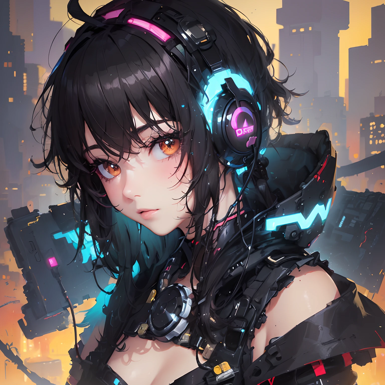 (masterpiece),((top-quality)),(offcial art),(Beautiful and indulgent:1.2),(1girl in:1.3),Face peel the front,Small breasts,((Black-haired beauty)),breasts are small、BREAK,((headphones)),Beautiful DJ woman with cyberpunk image,Detailed drawing。Vibrant colors。colourfull、highestdetailed ((ultra-detailliert)),(Highly detailed 2D illustrations),((Extremely delicate and beautiful))Super Detail