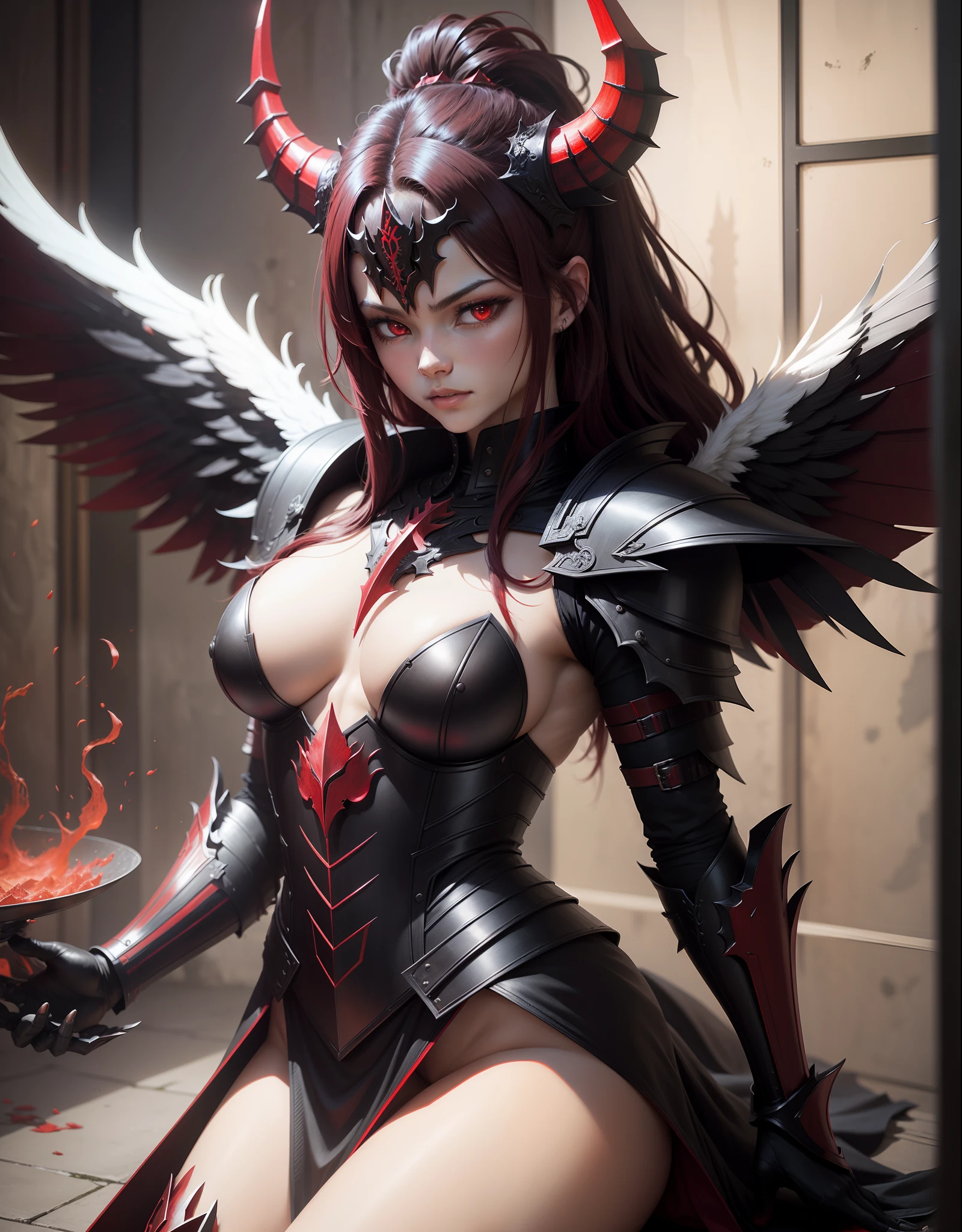 Demon angel with beautiful red, black, heavy armor with neolights and large wings and horns on his head