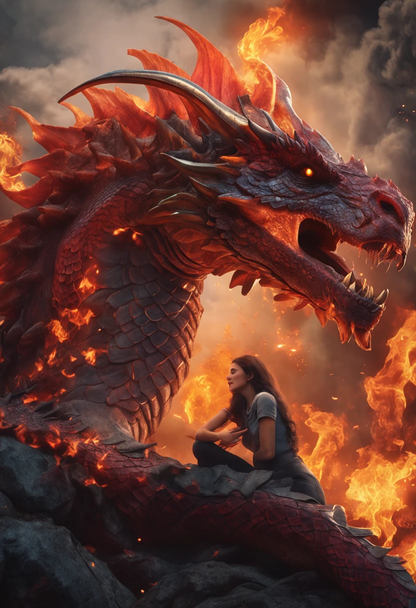 the woman is laying on top of a dragon and the dragon is breathing fire onto her, breasts, tail, wings, sharp teeth, horns