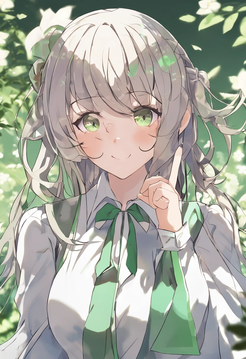 {{Best Quality}}, {{masutepiece}}, {{Ultra-detailed}}, {Illustration}, {Detailed light}、Anime girl with green eyes and white shirt, anime moe art style, Lori, shikamimi, Rei Hiroe, small curvy , [[[[grinning evily]]]], In an anime style, lolidress, lolish, le anime style, Shirabii, an anime girl, cute natural anime face