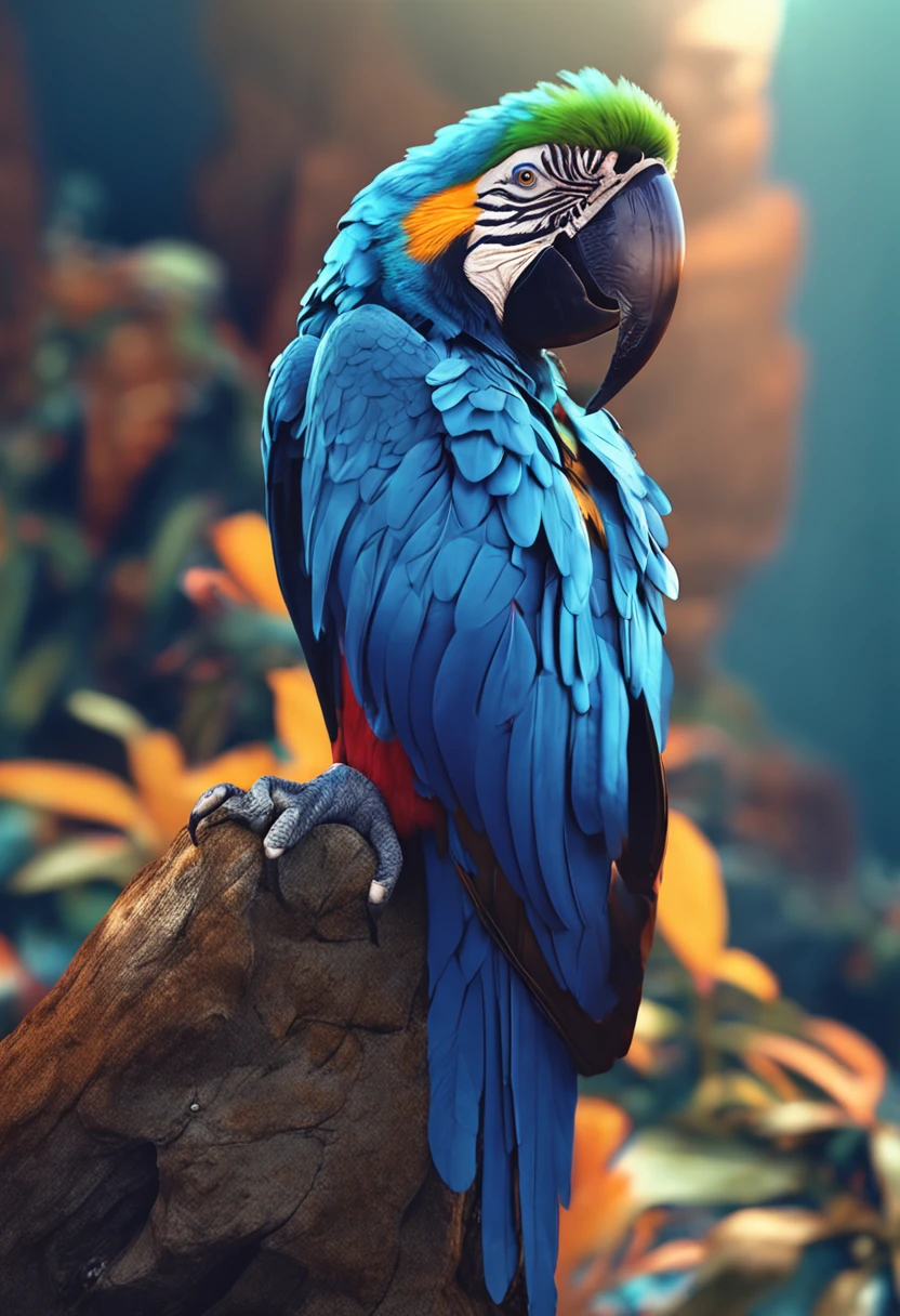 Blue macaw, large, realistic, 3d, 8k, adobe illustrator, strong, vivid colors, fine lines.