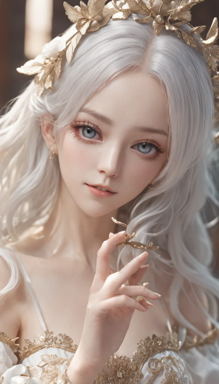 Shibuya、HATSUNEMIKU、(Ultra photo realsisim), (A illustration), (A high resolution), (8K), (highly detailed), (The best illustration), (Beautiful detailed eyes), (best qualityer), (Super detailed), (Master peace), (Wallpapers), (Detailed face), Solo、, 1 rapariga, Messy aristocratic attire、White hair, Iris heterochromatic eyes, small moles under eye, Medium chest, Long legs、Stunning composition、Braids、Beautiful and delicate legs