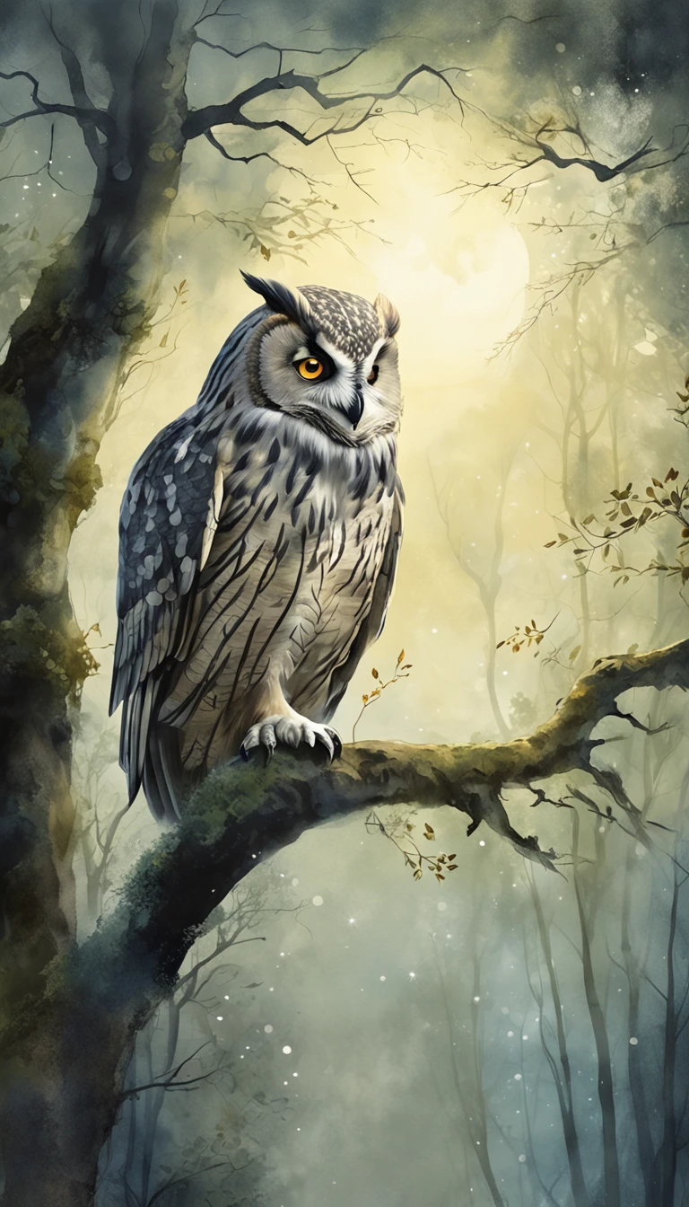 A majestic owl perches gracefully on a moss-covered tree branch in a moonlit forest, surrounded by ethereal beams of silver moonlight filtering through the canopy, conveying a sense of tranquility and mystery. Moody and atmospheric with a touch of fantasy, captured with a vintage film camera, soft focus, and dreamlike color palette.