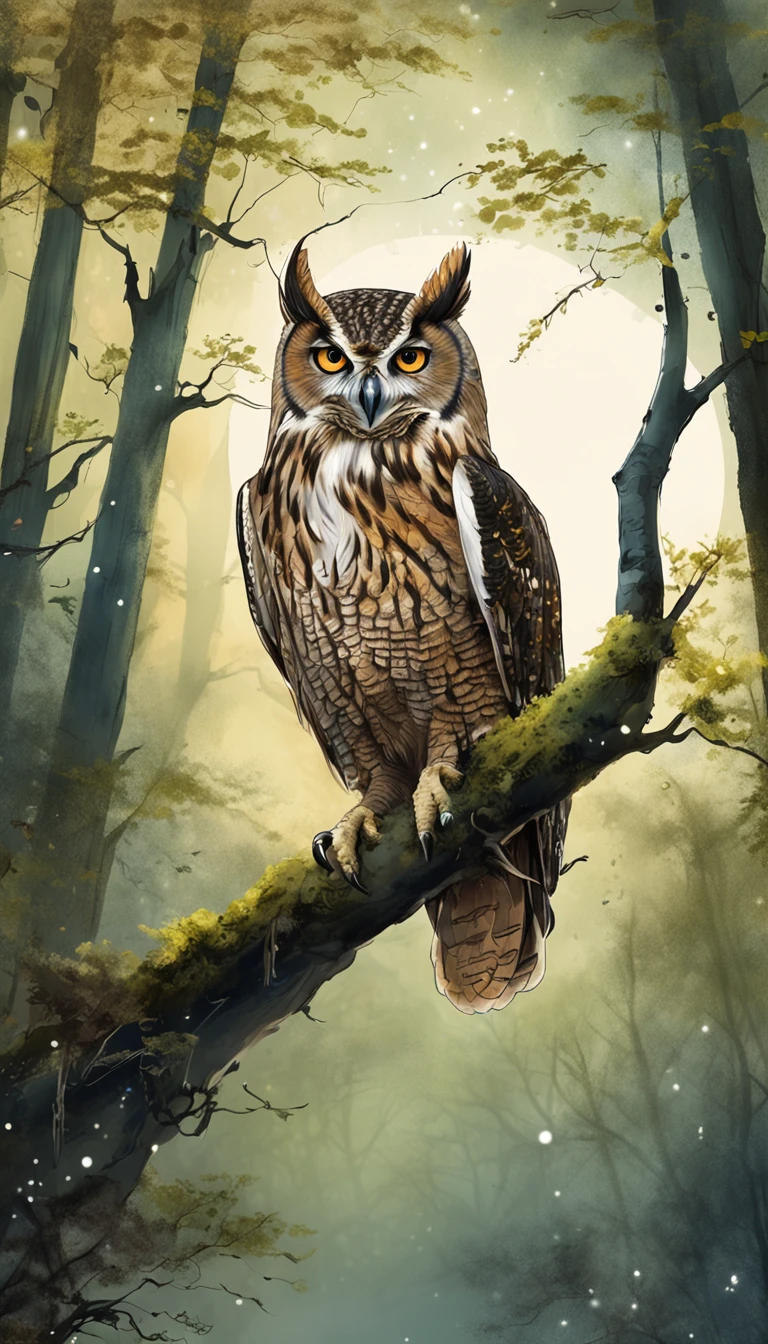 A majestic owl perches gracefully on a moss-covered tree branch in a moonlit forest, surrounded by ethereal beams of silver moonlight filtering through the canopy, conveying a sense of tranquility and mystery. Moody and atmospheric with a touch of fantasy, captured with a vintage film camera, soft focus, and dreamlike color palette.