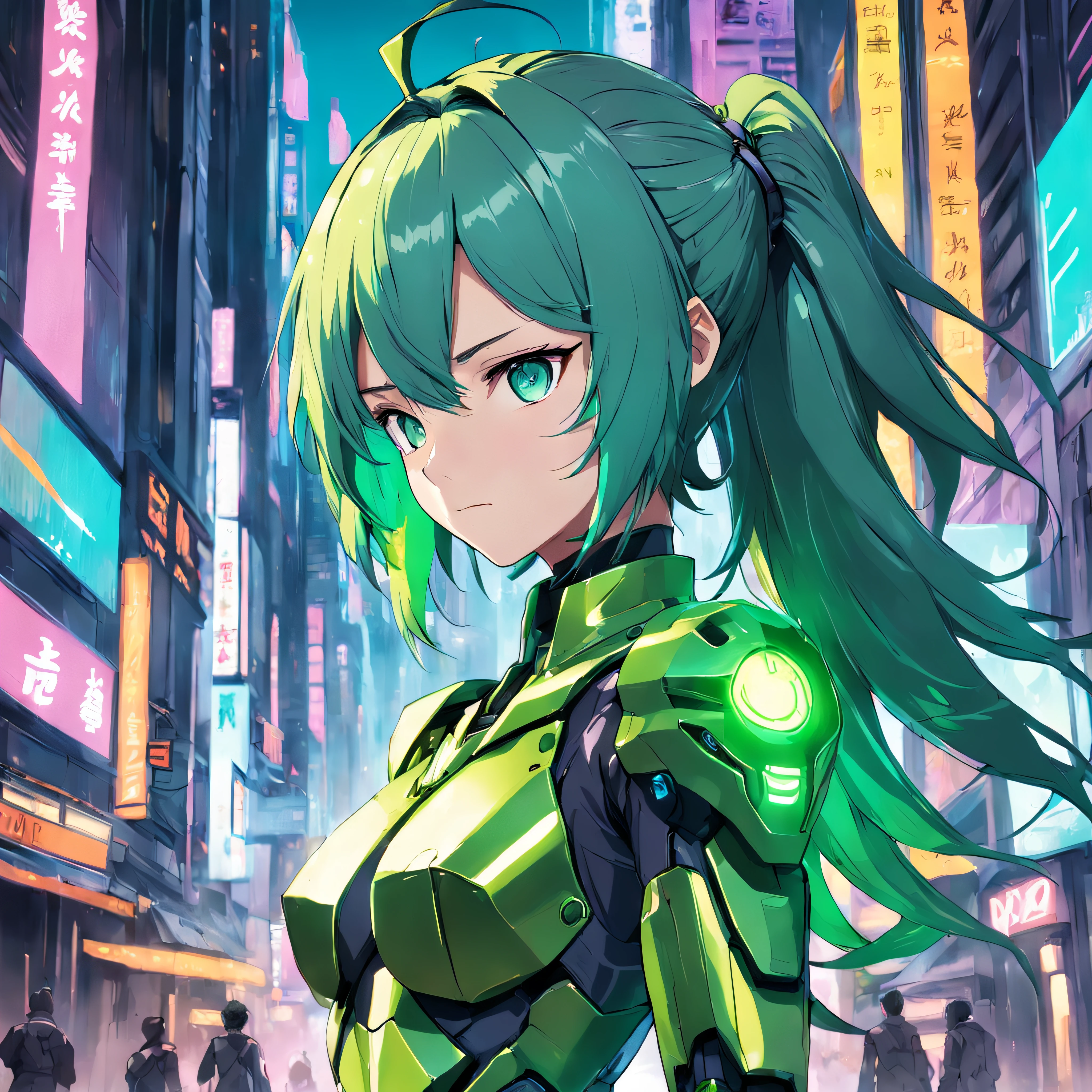 a close up of a person in a suit on a city street, cyberpunk art, inspired by Ryūsei Kishida, neo-dada, metallic green armor, anime manga robot!! anime girl, neon colored suit, upper body 2d game avatar, mobile suit, avatar image