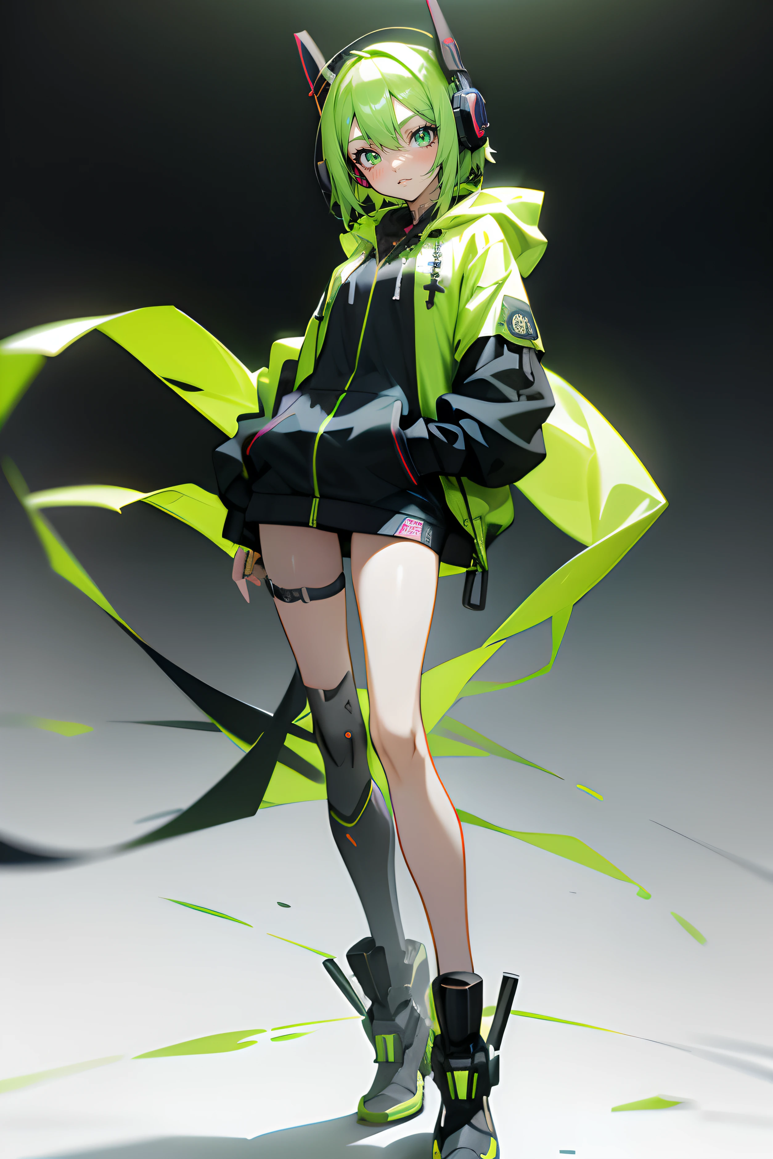 Anime character with green eyes, Headphones and black clothes with green accents. Fluorescent miniskirt，Black and green matching，Being in the room, Best anime 4k wallpapers, Anime style 4K, cyberpunk anime boy in hoodie, Anime art wallpaper 8 K, Anime art wallpaper 4 K, Anime art wallpaper 4k, Anime moe art style, 4k anime wallpapers, Anime wallpaper 4K, Anime wallpaper 4K, Badass anime 8 K，Single leg prosthesis