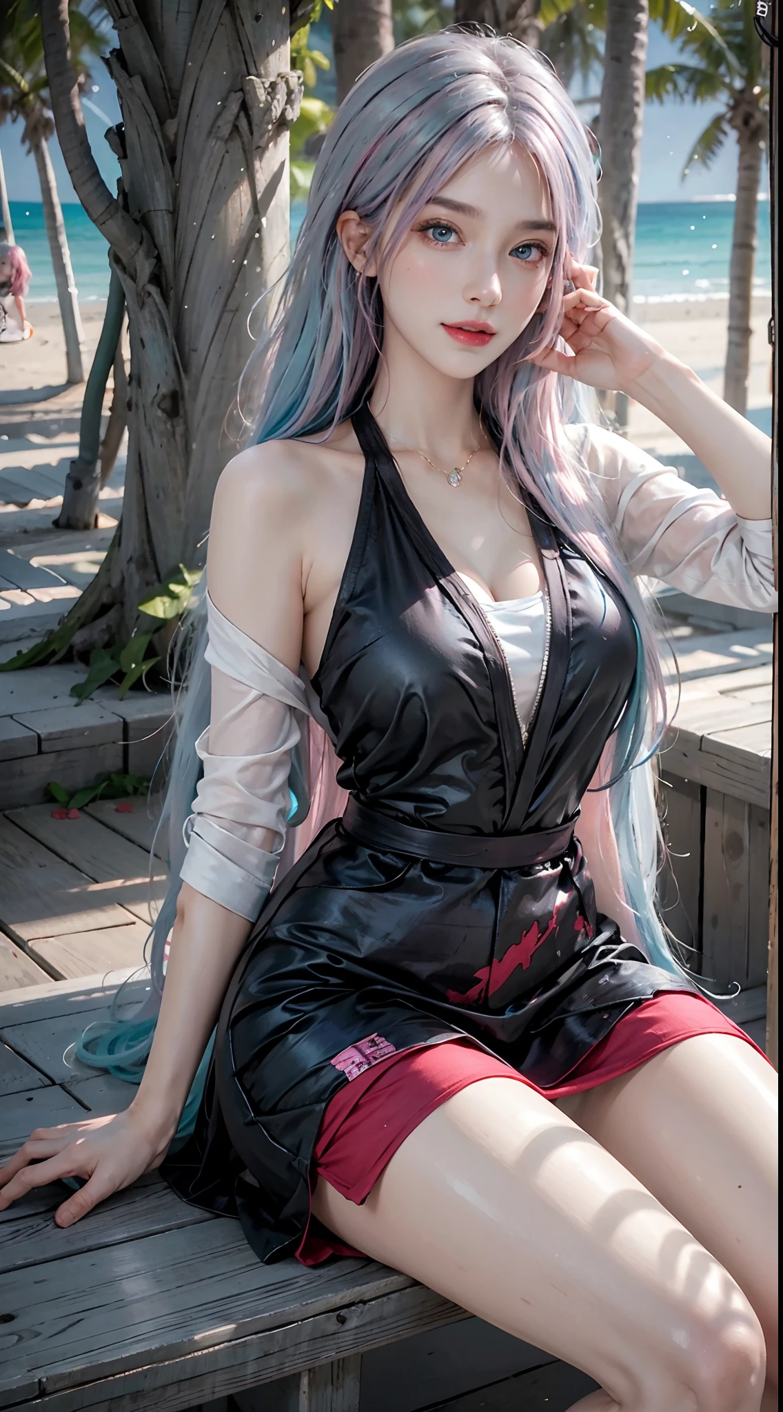 best quality, ultra high res, (photorealistic:1.4), (detailed beautiful girl:1.4), (medium breasts:0.8), looking_at_viewer, Detailed facial details, beautiful detailed eyes, (blue|pink hair), green eyes, slender, smile, (makeup:0.4), red lips, (full body, sitting, beach), highly detailed clothes, (ulzzang-6500-v1.1:0.3)