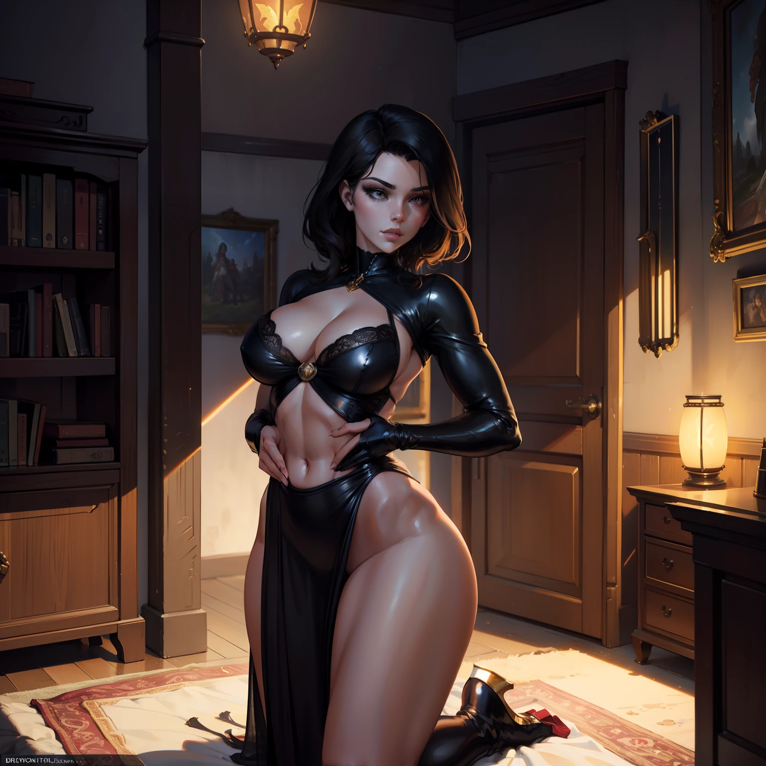 a very sensual and sexy lust nurse ((black female)) in the tavern, regency style, female anatomy study, art, hyper-detailed painting, complex, whole body portrait, 4k resolution concept art portrait by Richard S. Johnson, Konstantin Razumov, Vicente Romero Redondo, Johnny Morant, David Downton, triadic colors Unreal Engine 5 volumetric lighting beautiful, very alluring pose, glam makeup, flirty gaze, black hair, elegant, profound color art, art, fantasy core, airbrush art, isometric, volumetrics, by Guillaume Seignac perfect composition, beautiful detailed intricate insanely detailed octane render trending on artstation, 8 k artistic photography, photorealistic concept art, soft natural volumetric cinematic perfect light, chiaroscuro, award-winning photograph, masterpiece, oil on canvas, Bastien Lecouffe De harme, Patrick J. Jones, Sanjulián,black bikini with thoughtful look, old lantern, old lamp,Transparent clothing, slight smile,Jean-Baptiste Monge style, bright, beautiful , splash, Glittering , cute and adorable, filigree, , rim lighting, lights, extremely , magic, surreal, fantasy, digital art, , wlop, artgerm,perfect female body close-up, full body, visible vaginal hair, pink pesones, transparent clothes