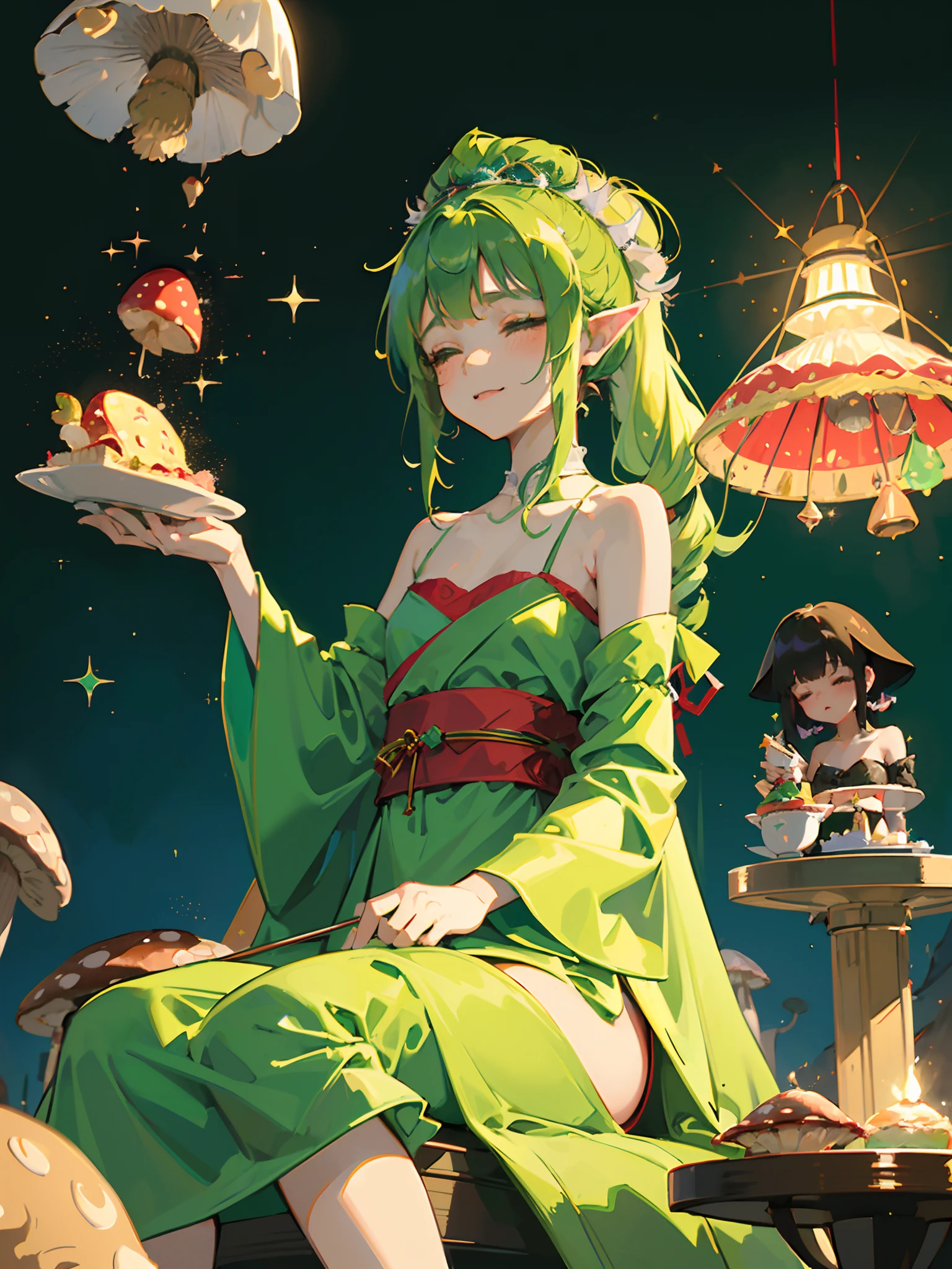 (cute girl wearing green robe), glittery hair, closed eyes,
break
(mushroom on head:1.2), waist-twist, (flat chest), ( hair ribbon, red), (sparkle:1.3), (Composition looking down from below:1.2), (sitting, wariza:1.3), (pray:1.2),
break,
E, elf, (embarrassed:1.2), smile, (tofu, cake:1.3), morning,
