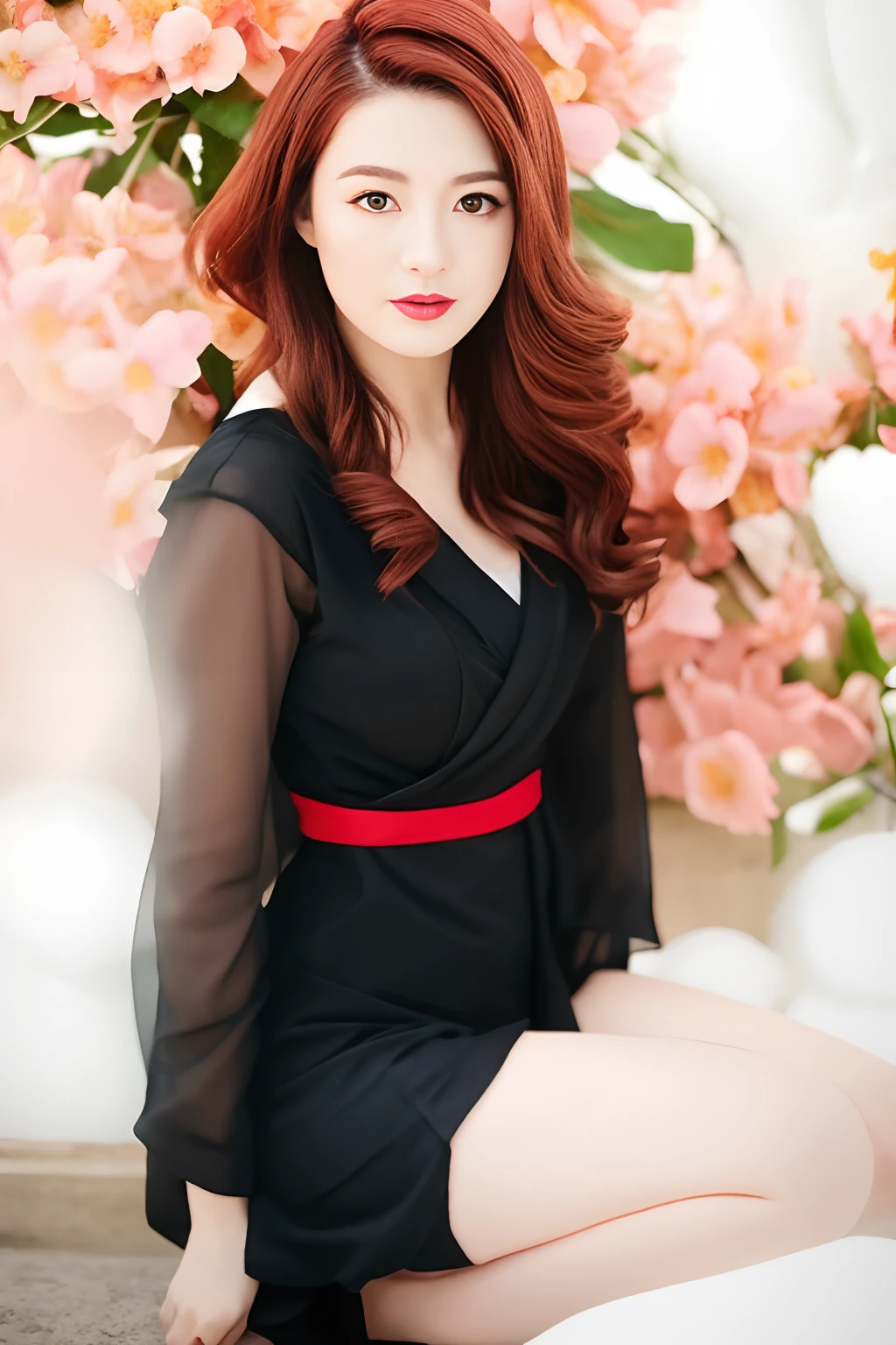 An Araki woman in a floral dress crouched in front of the wall, felicia day, floral clothes, amouranth, Floral details, dressed in a flower dress, mais conhecido como Amouranth, young beautiful amouranth, komono, cyarine, Wrapped in flowers, pale and coloured kimono, floral dream, covered in flowers, Floral!
