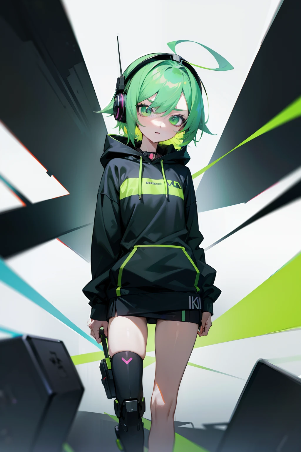 Anime character with green eyes, Headphones and black clothes with green accents. Fluorescent miniskirt，Black and green matching，Being in the room, Best anime 4k wallpapers, Anime style 4K, cyberpunk anime boy in hoodie, Anime art wallpaper 8 K, Anime art wallpaper 4 K, Anime art wallpaper 4k, Anime moe art style, 4k anime wallpapers, Anime wallpaper 4K, Anime wallpaper 4K, Badass anime 8 K，Single leg prosthesis