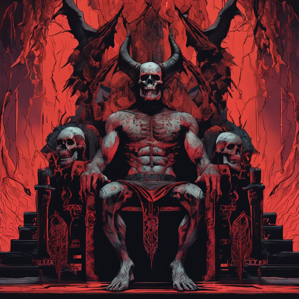 Make a demon with a male skull face in his hell sitting on his throne