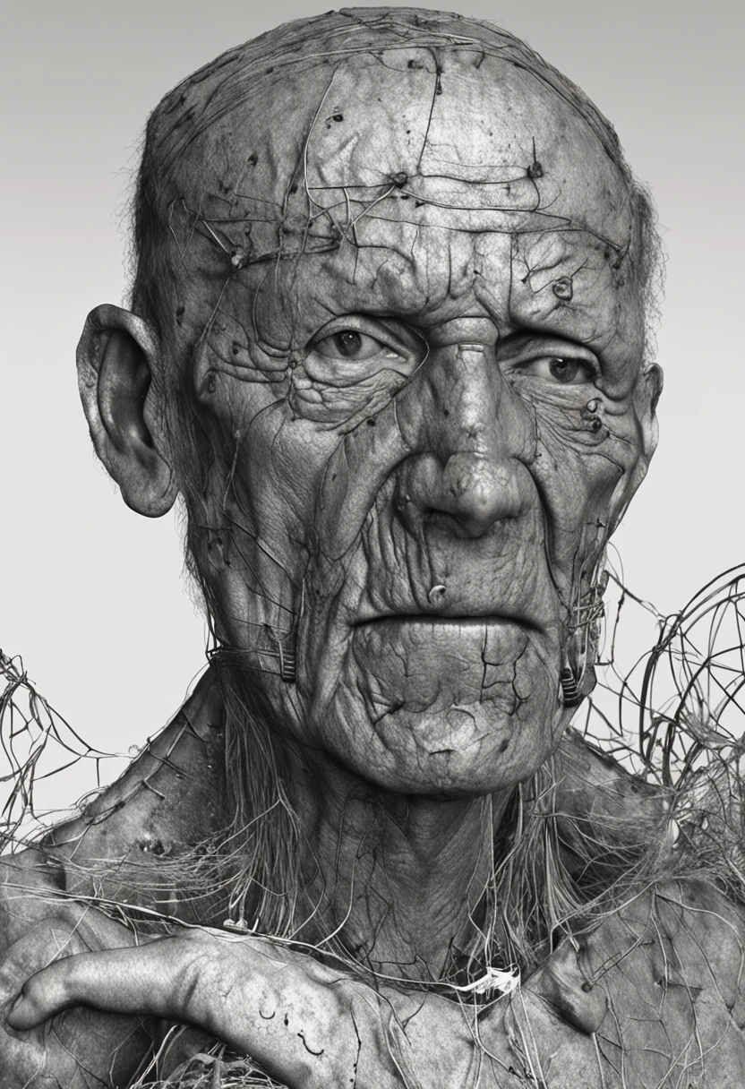 Weathered, A old man, Deep folds, Durable, weather-beaten, Aging appearance, Rough jawline, Thick pepper beard, stubbles, Loneliness was etched on his face, pensive expression, Strong gaze, A clear sign of a good life, An intricate web of scars and blemishes, Complex mechanical structures peep through damaged skin, Complex artificial nervous system, Intertwined wires and circuits, The eyes are filled with deep wisdom, Wrinkles are deeply etched, He felt a noticeable tiredness in his facial features, Tears sparkled in his eyes, Surreal depictions, Close-up view that emphasizes every detail, (b&Show on the, Monochromatic, Film photography:1.3), Photorealistic, Hyperrealistic, ultra - detailed, film-noir, analogue style, hip is cocked, demure, low chest, Soft lighting, Subsurface scattering, Realistic, heavy shadow, Masterpiece, Best quality, Ultra photo realsisim, 8K, Golden ratio, Intricate, High detail, Film photography, Soft focus