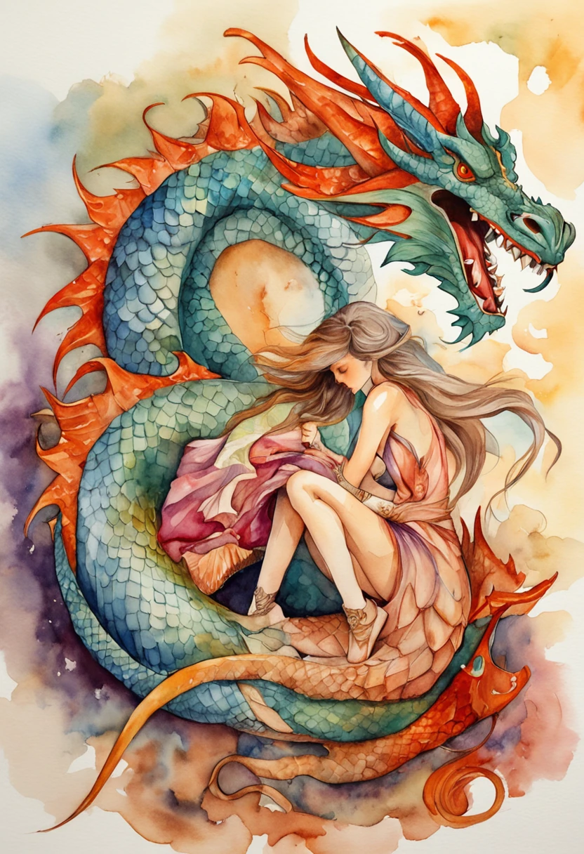 the woman is laying on top of a dragon and the dragon is breathing fire onto her, breasts, tail, wings, sharp teeth, horns, m/f