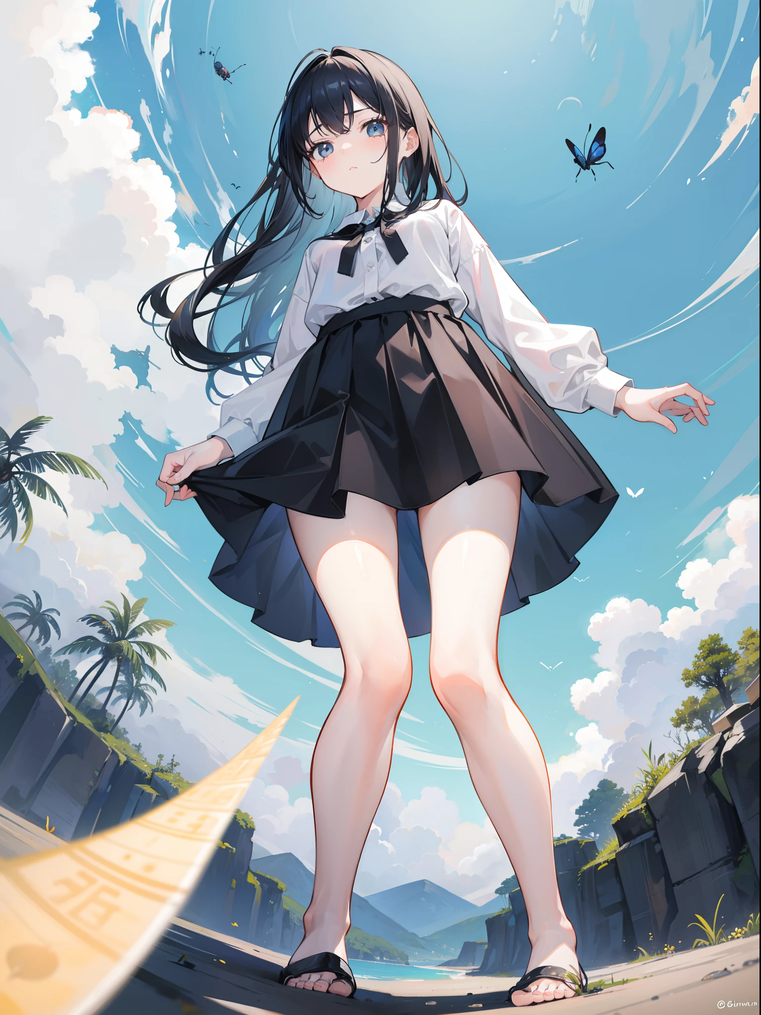 1girl, Giantess, below feet view, below girl view, view on ground, very low angle, up front view,From the angle below,(little insect is just a black dot), long navy hair,No short skirt,trousersless,feet on ground, far away