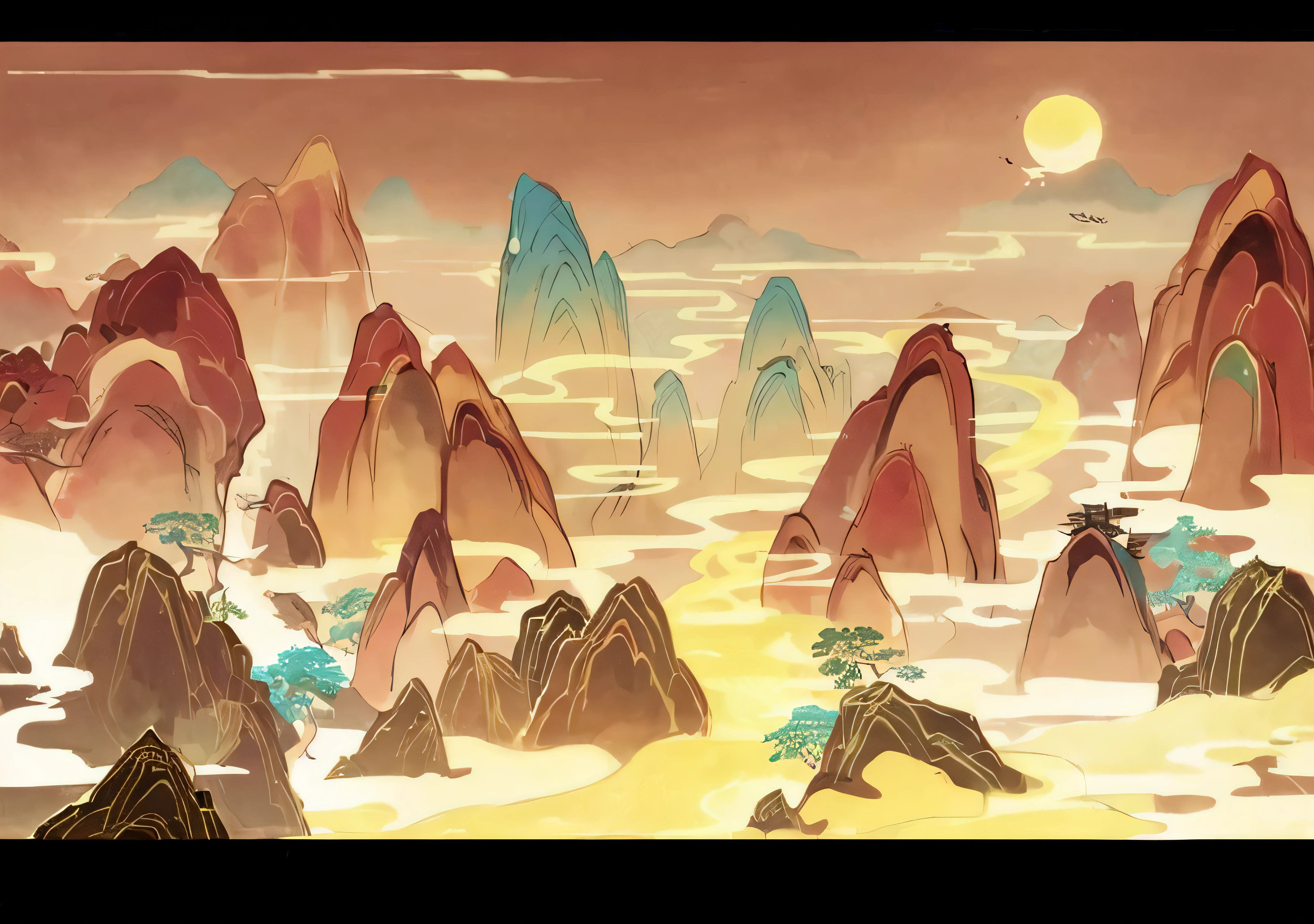 arte de fundo, legend of korra setting, background artwork, Onmyoji detailed art, avatar landscape, Anime landscapes, Chinese landscape, Anime background art,anime backgrounds,National wind landscape,Mountains,the setting sun,Crane,