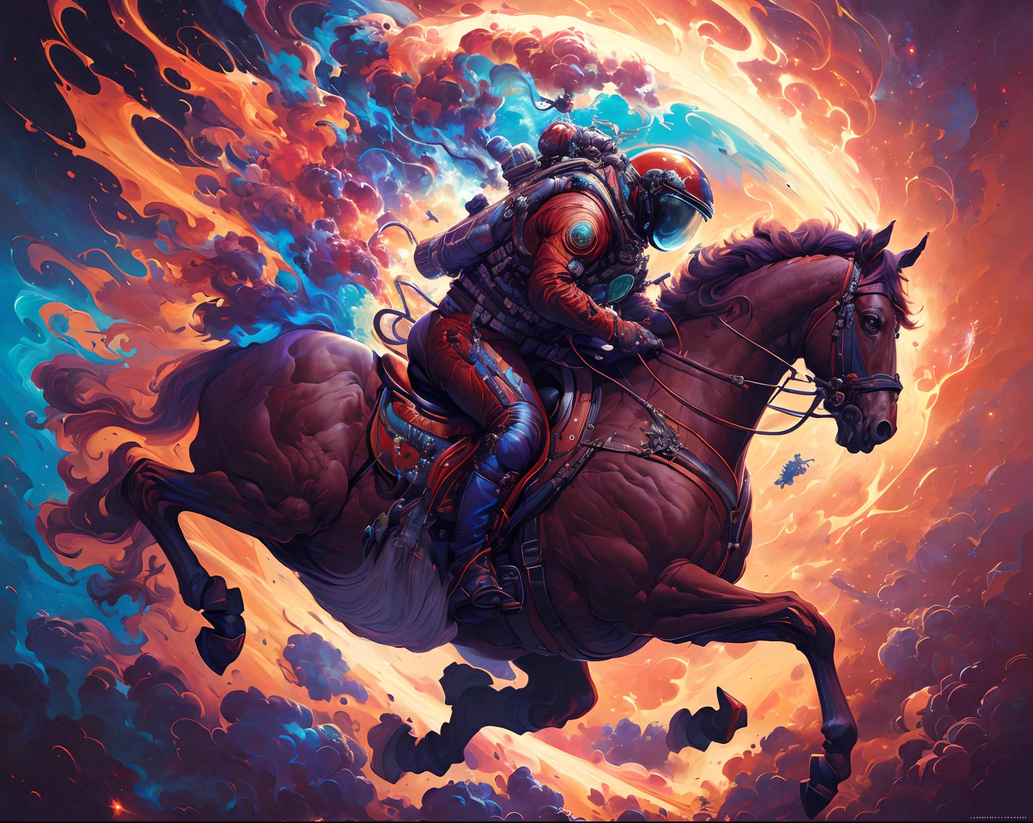 Highly (dynamic:1.2) scene art detailed (Apterus:1.2) 1cosmonaut on a 1horse, (fantastic amazing decoration:1.2), abstract beauty, explosive volumetric, Delightful anatomy, (fantastic horror perfect art, 64k ultra hd:1.1), (art by apterus, art by dan mumford:1.2)