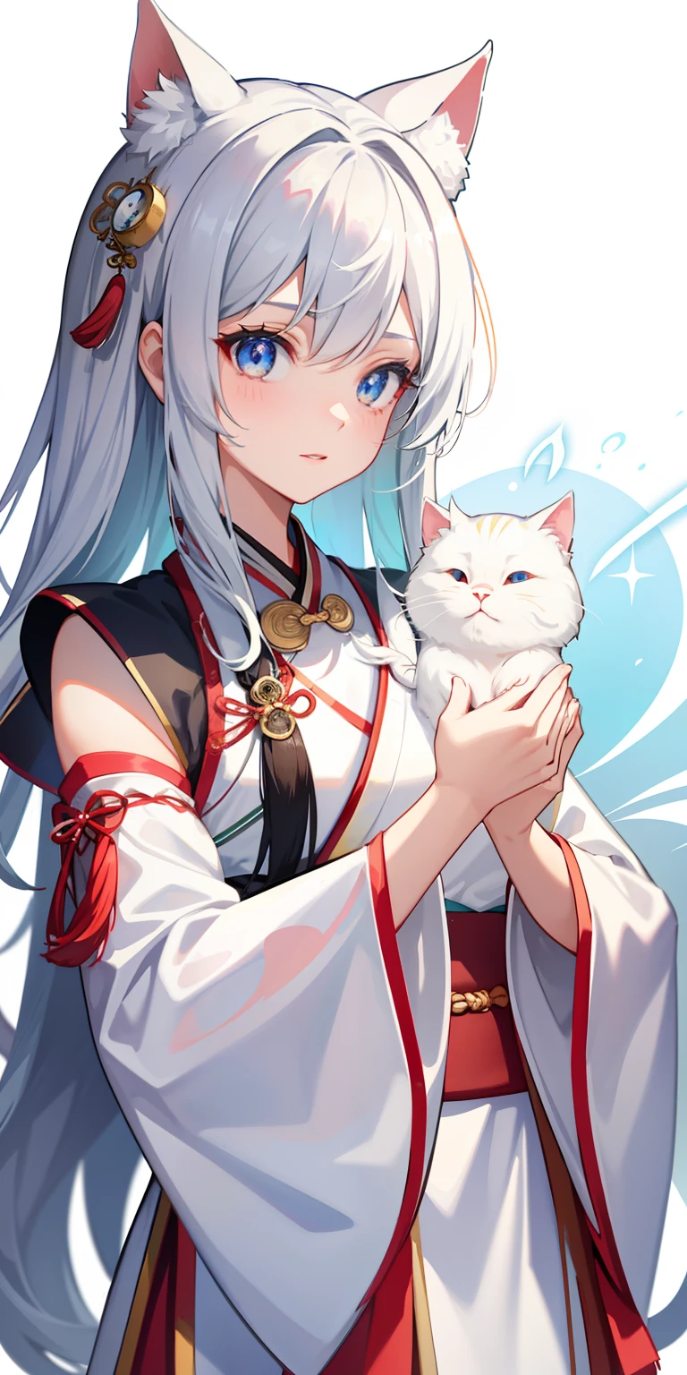 1girl, (hanfu), with light glowing, sidelighting, Wallpapers,Cat lady,Gorgeous hair,adolable,Eyes as bright as a hollow heart