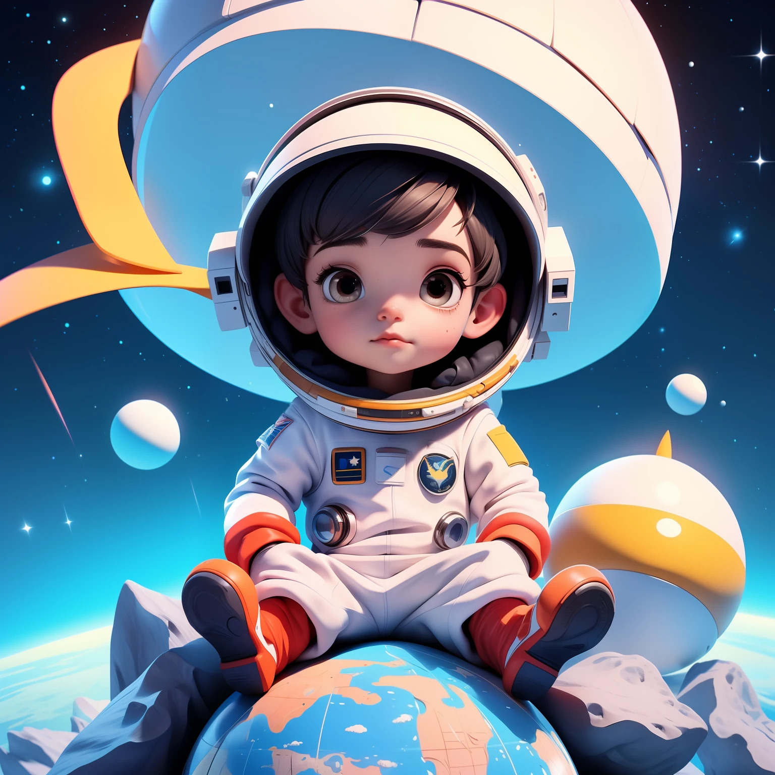 3DCHARACTER, Roupa de astronauta, (corpo inteiro: 1.2), fundo simples, obra-prima, melhor qualidade, (fundo gradiente: 1.1), 1 homem, Desenhe um ****** de 6 anos com pele parda, e olhos pretos programador, Sitting on a research platform floating in the middle of an asteroid belt watching the planet Earth