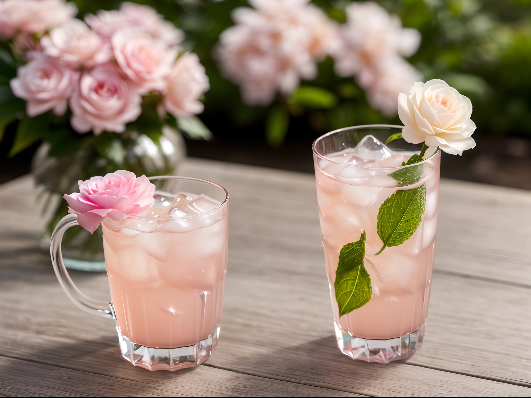 Large glass of cold ice and pale pink soda, Summer Feeling, delicado, Ultra detallado, Luz suave, bokeh de enfoque de campo profundo, Trazado de rayos, distracted, ultrafino, taza redonda, Linda taza ovalada, Fondo verde claro, papel de pared, verde de fondo, Super delicate water pattern (ultra-fine glass reflection)、Serve with small flowers、