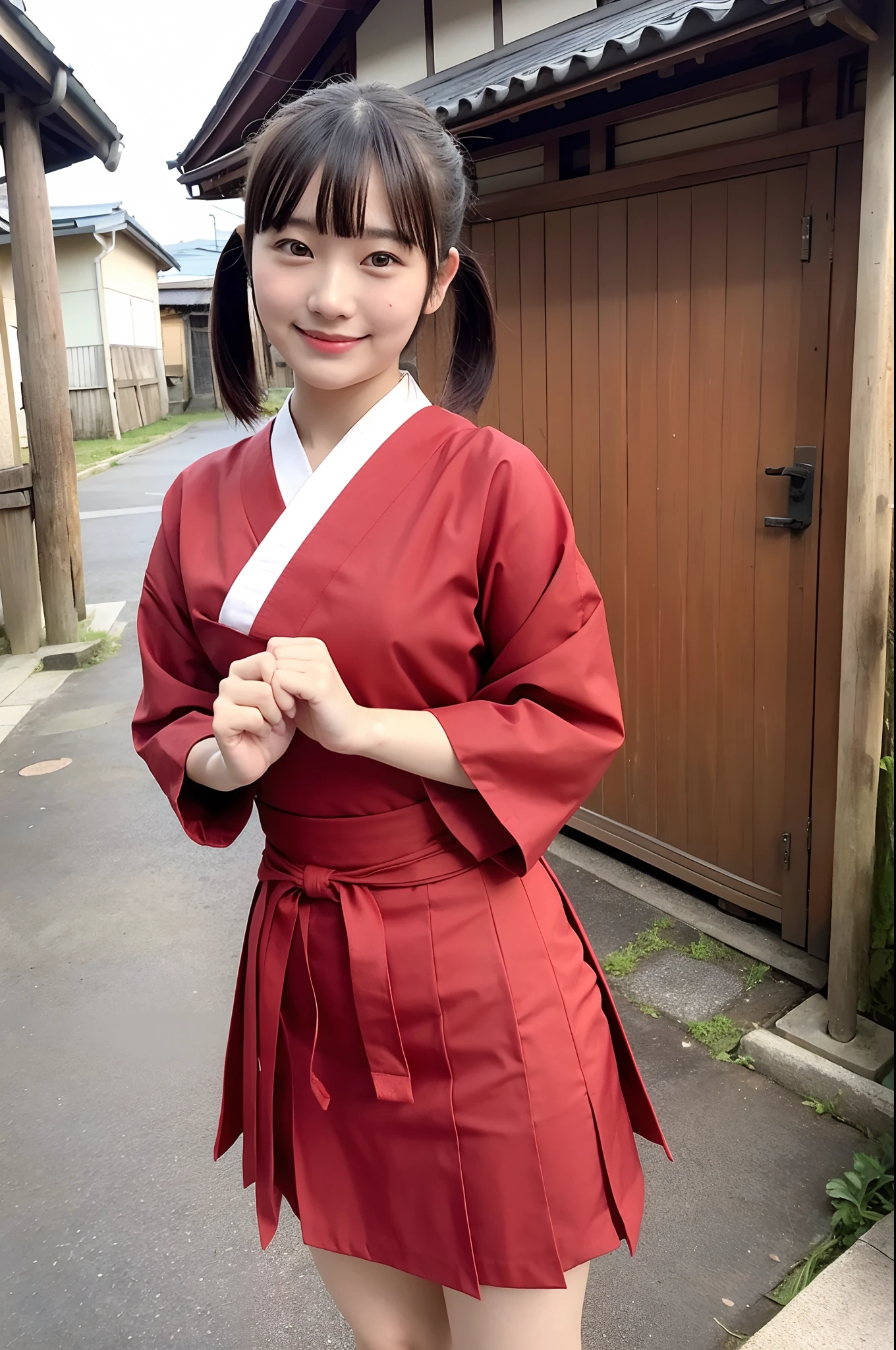 girl in old-japan town,white hakama-top,vermilion school skirt,vermilion string hair-bow,18-year-old,bangs,smile,thighs,crotch,knees,short cut hair,pigtail,from below