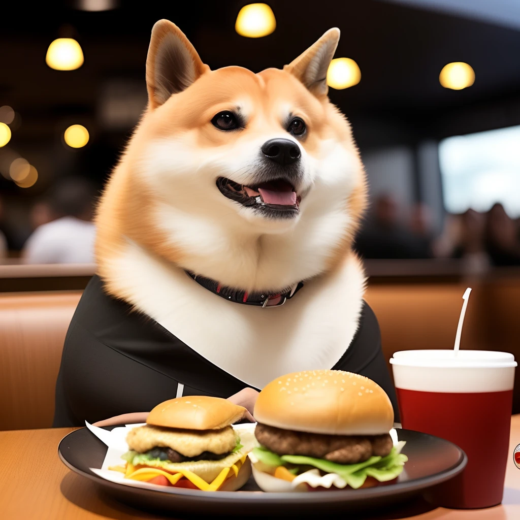 [(((buff Swoledoge))):buff Swoledoge:8] Professional photos，grinning smile（funny expression），The dog's body，Eat big burgers in restaurants，Cinematic dramatic light，smooth transitions，Background bokeh