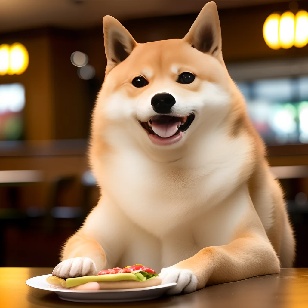 [(((buff Swoledoge))):buff Swoledoge:8] Professional photos，grinning smile（funny expression），The dog's body，Eat big burgers in restaurants，Cinematic dramatic light，smooth transitions，Background bokeh