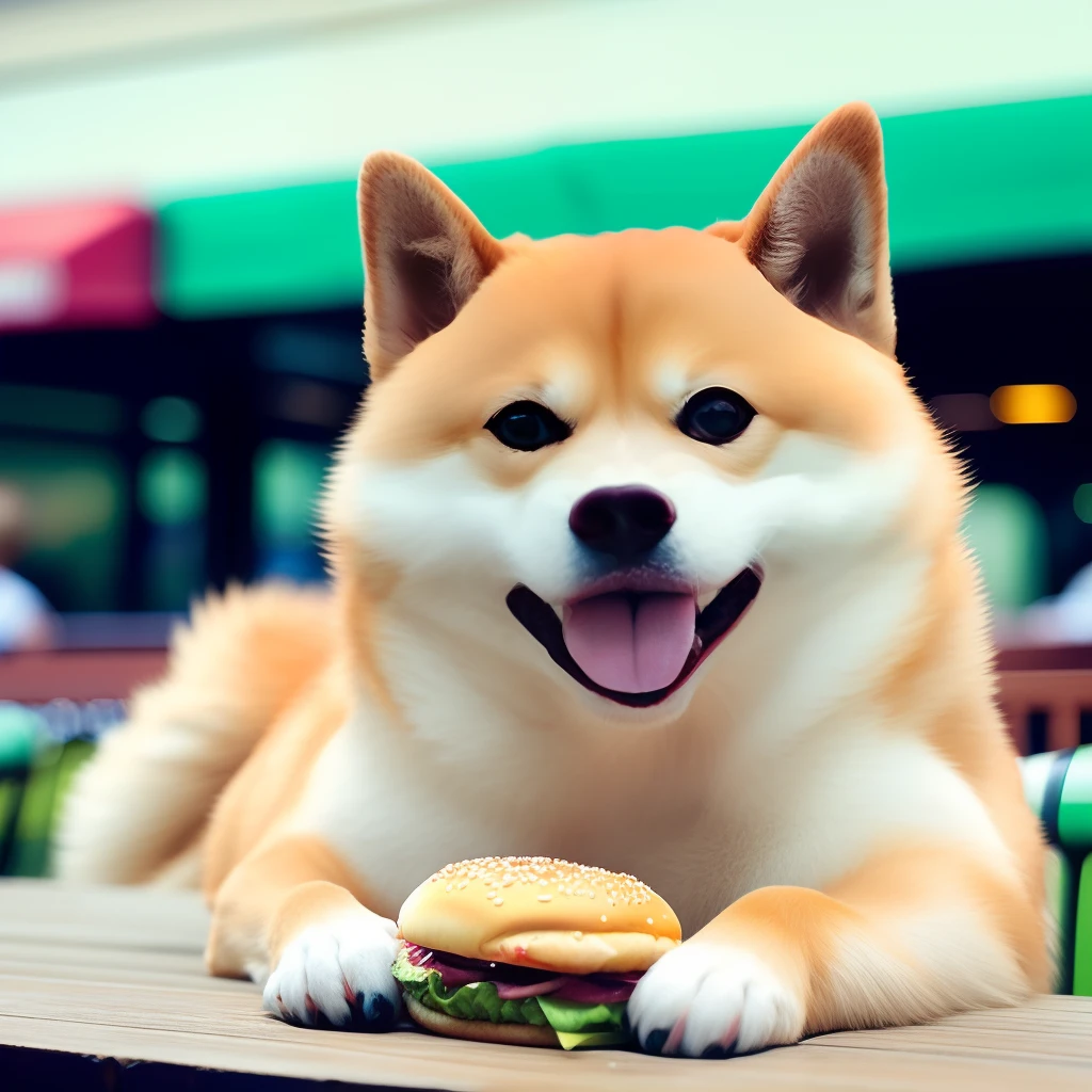 [(((buff Swoledoge))):buff Swoledoge:8] Professional photos，grinning smile（funny expression），The dog's body，Eat big burgers in restaurants，Cinematic dramatic light，smooth transitions，Background bokeh